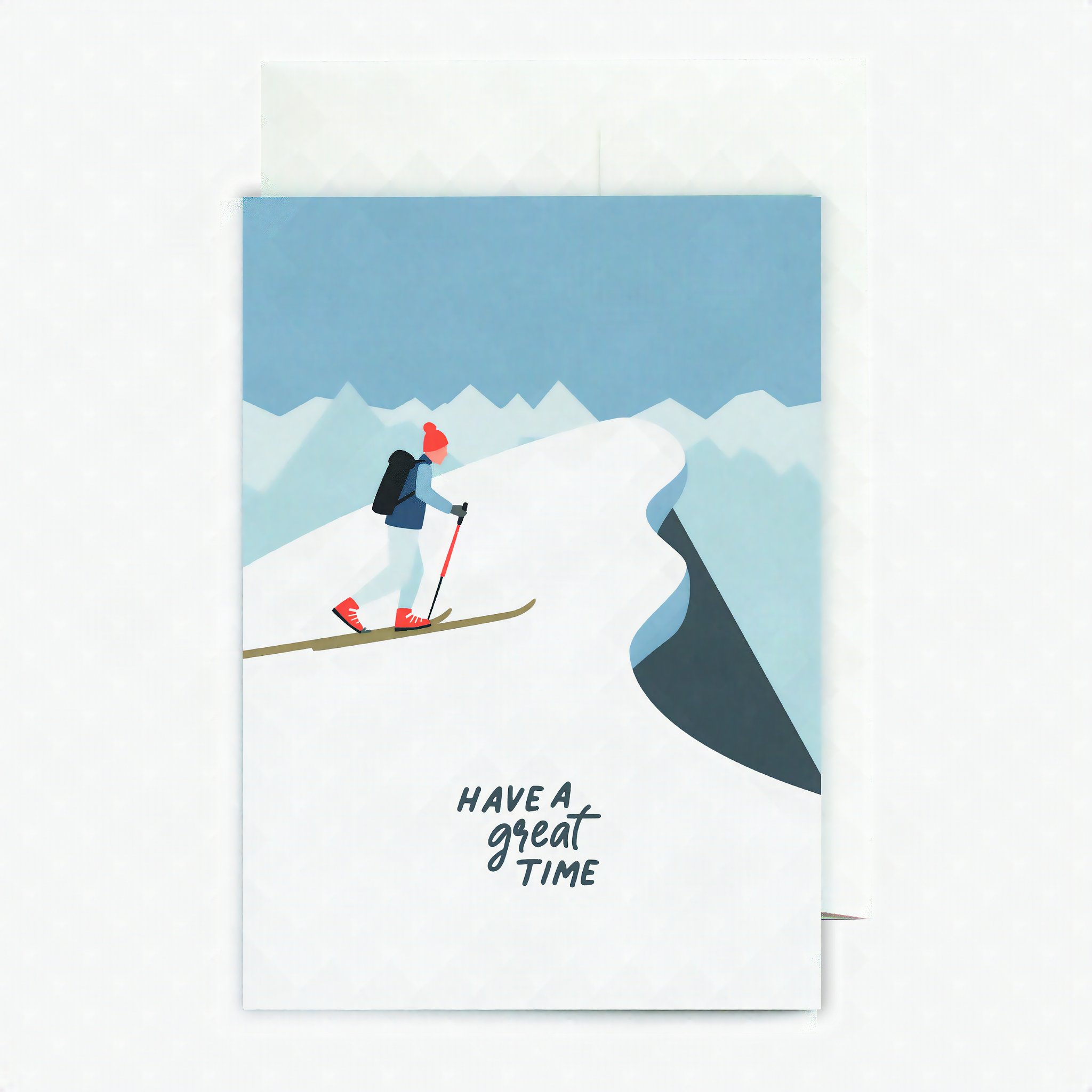 Grusskarte Have A Great Time mit Skifahrerin am Hang