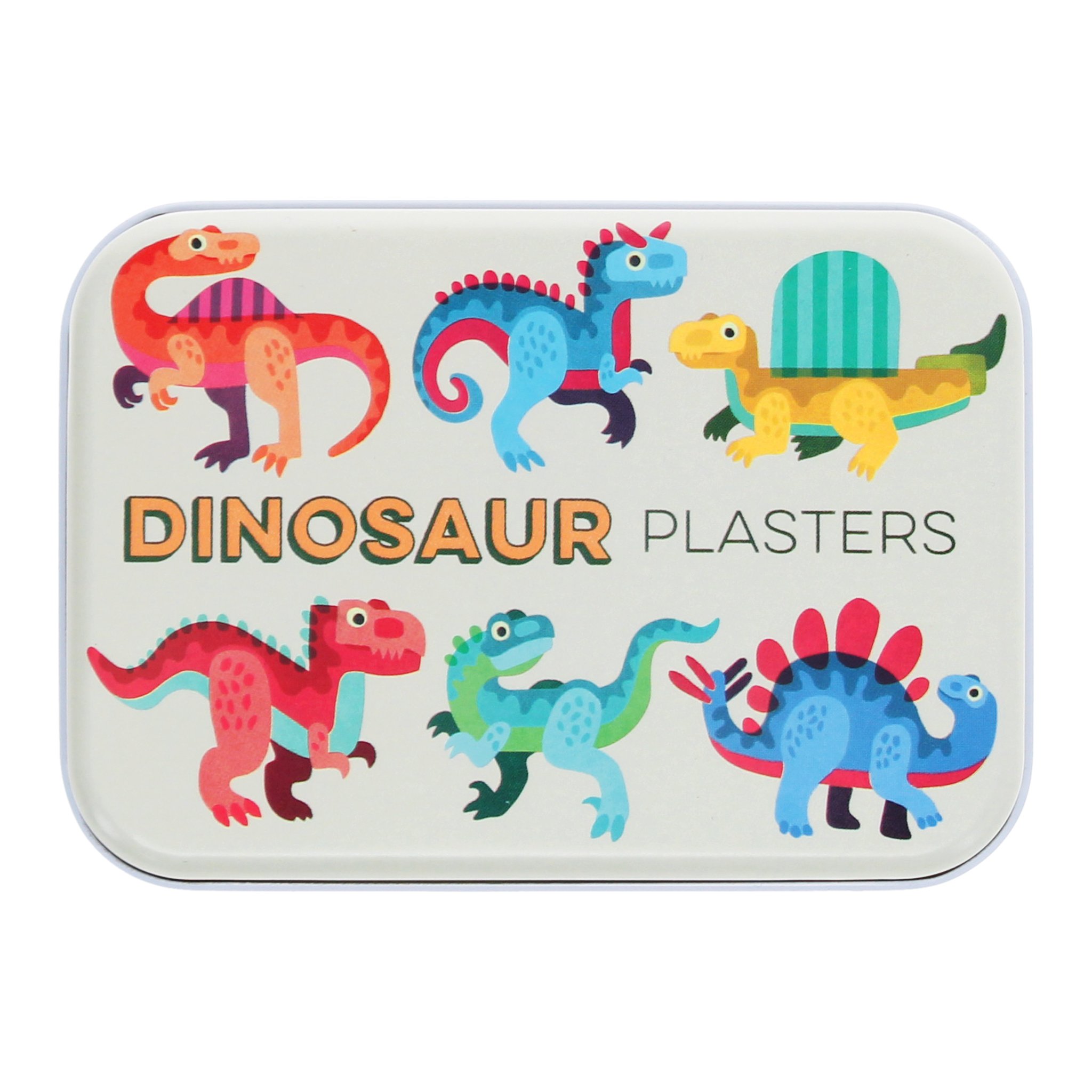 Deckel der Metalldose mit Dinosaurier-Motiv und Aufschrift Dinosaur Plasters