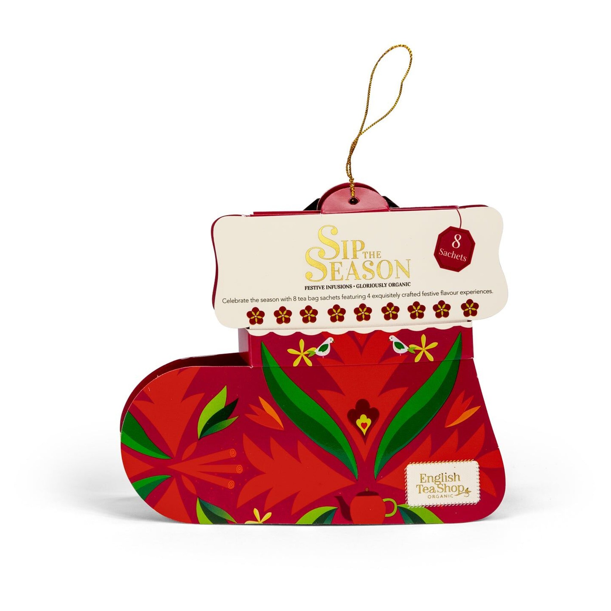 Roter Weihnachtsstiefel von English Tea Shop mit goldener Schlaufe und 8 Bio-Teebeuteln