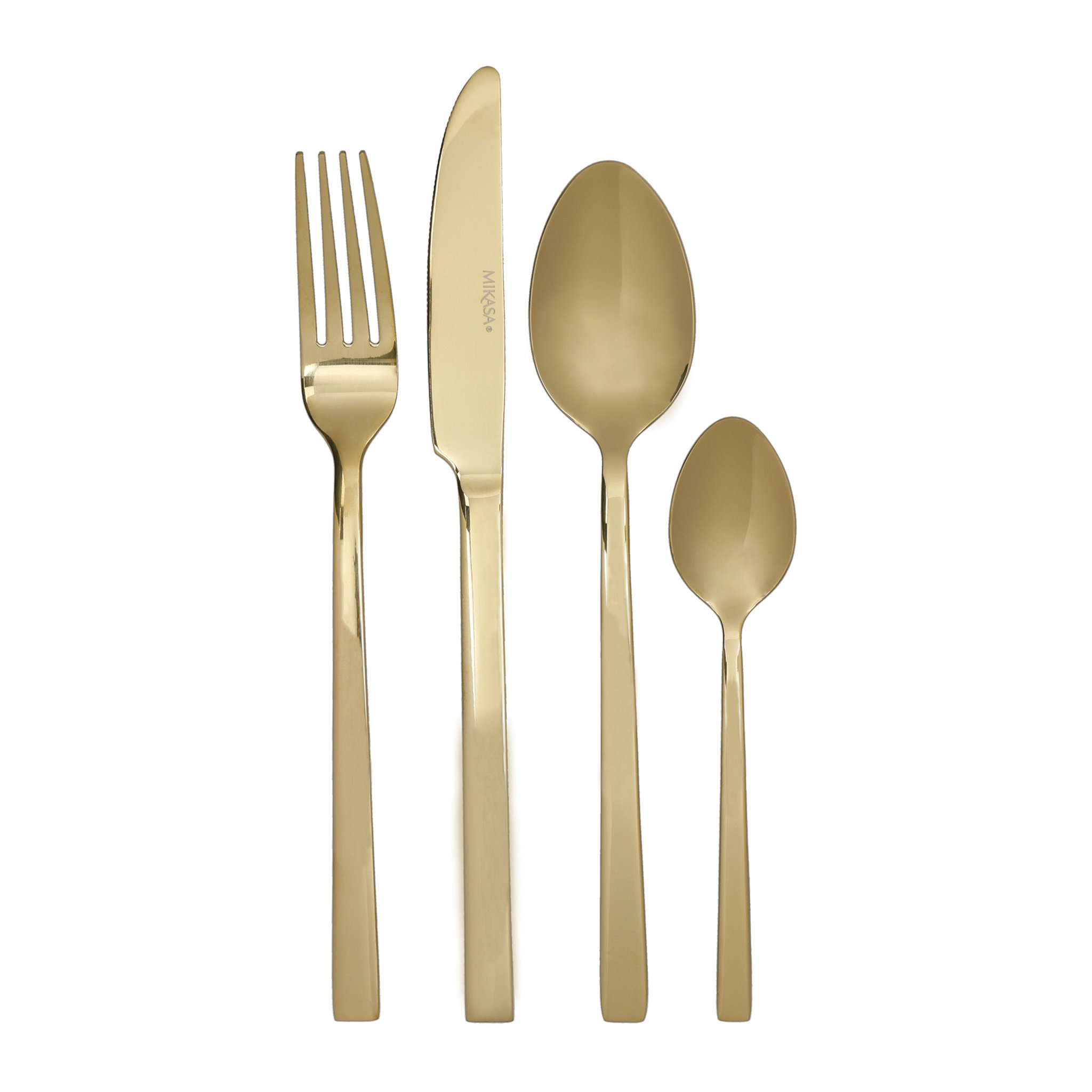 Goldfarbenes Besteck mit Gabel, Messer, Dessertlöffel und Teelöffel nebeneinander