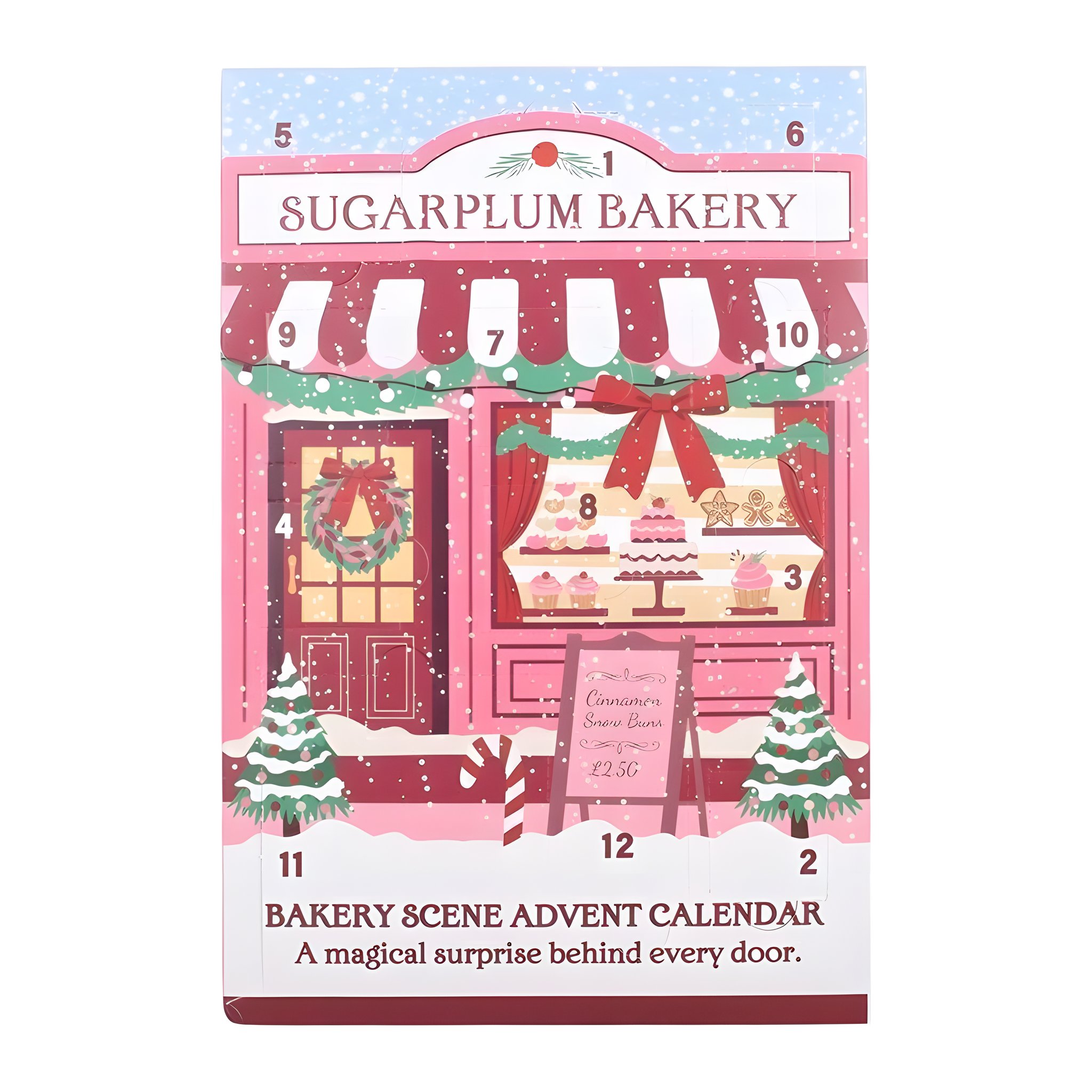 Face avant du calendrier de l'Avent Sugarplum Bakery à 12 portes en façade de boulangerie