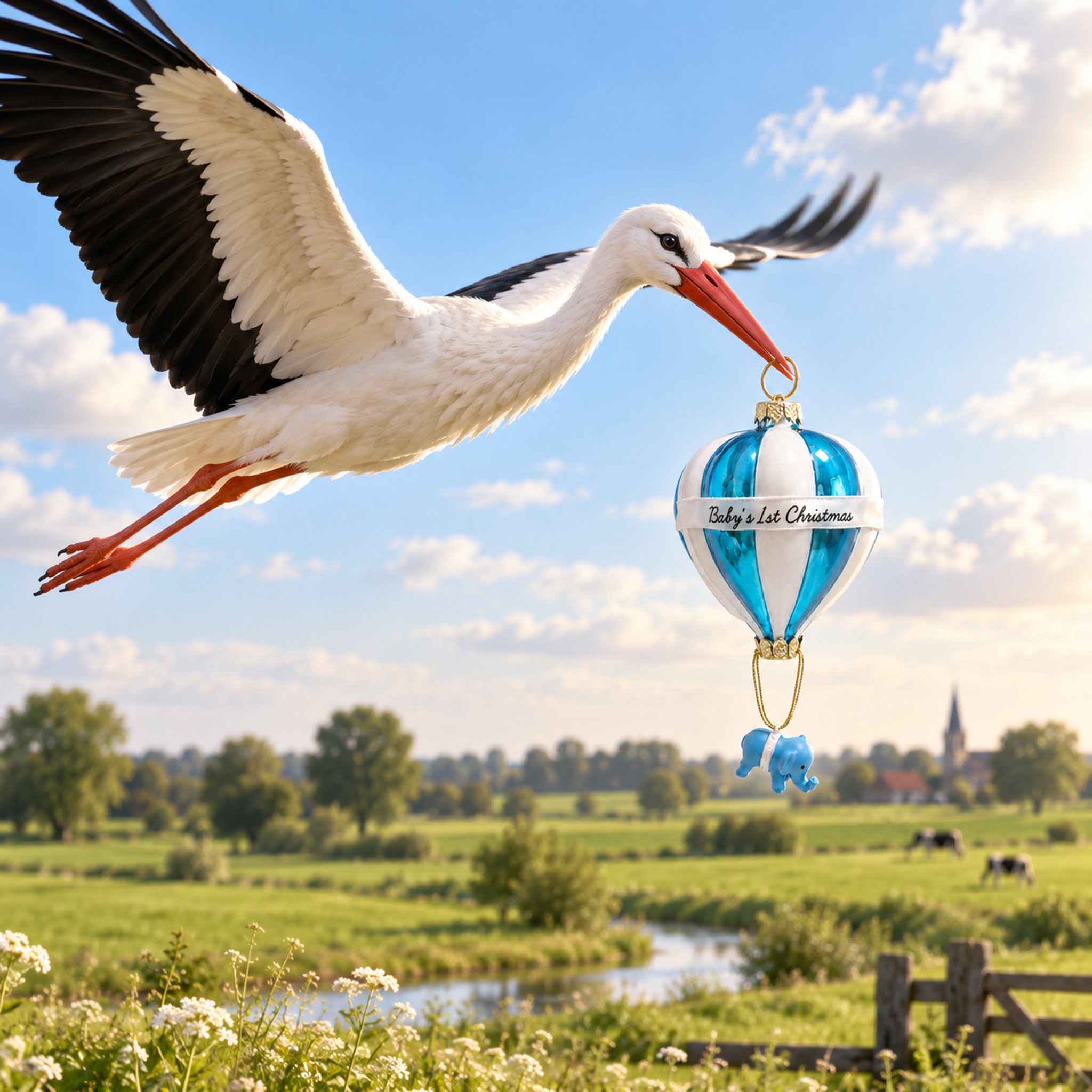 Cicogna che porta il pendente mongolfiera sopra un paesaggio di prati