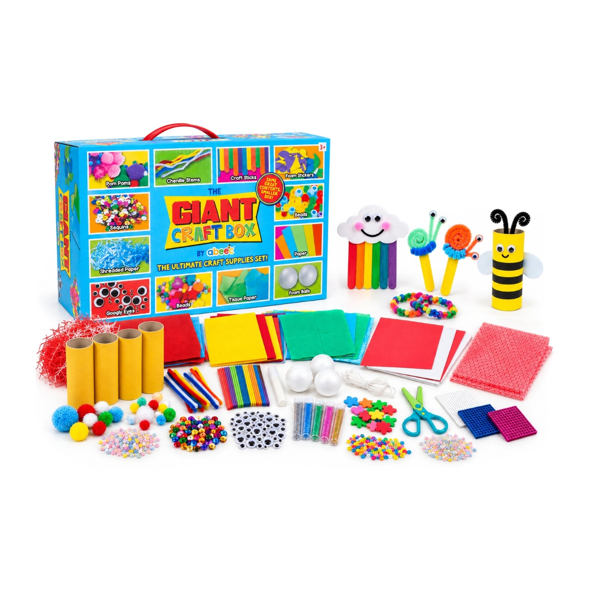 Giant craft box with the supplies spread out and finished makes such as a bee and a rainbow cloud