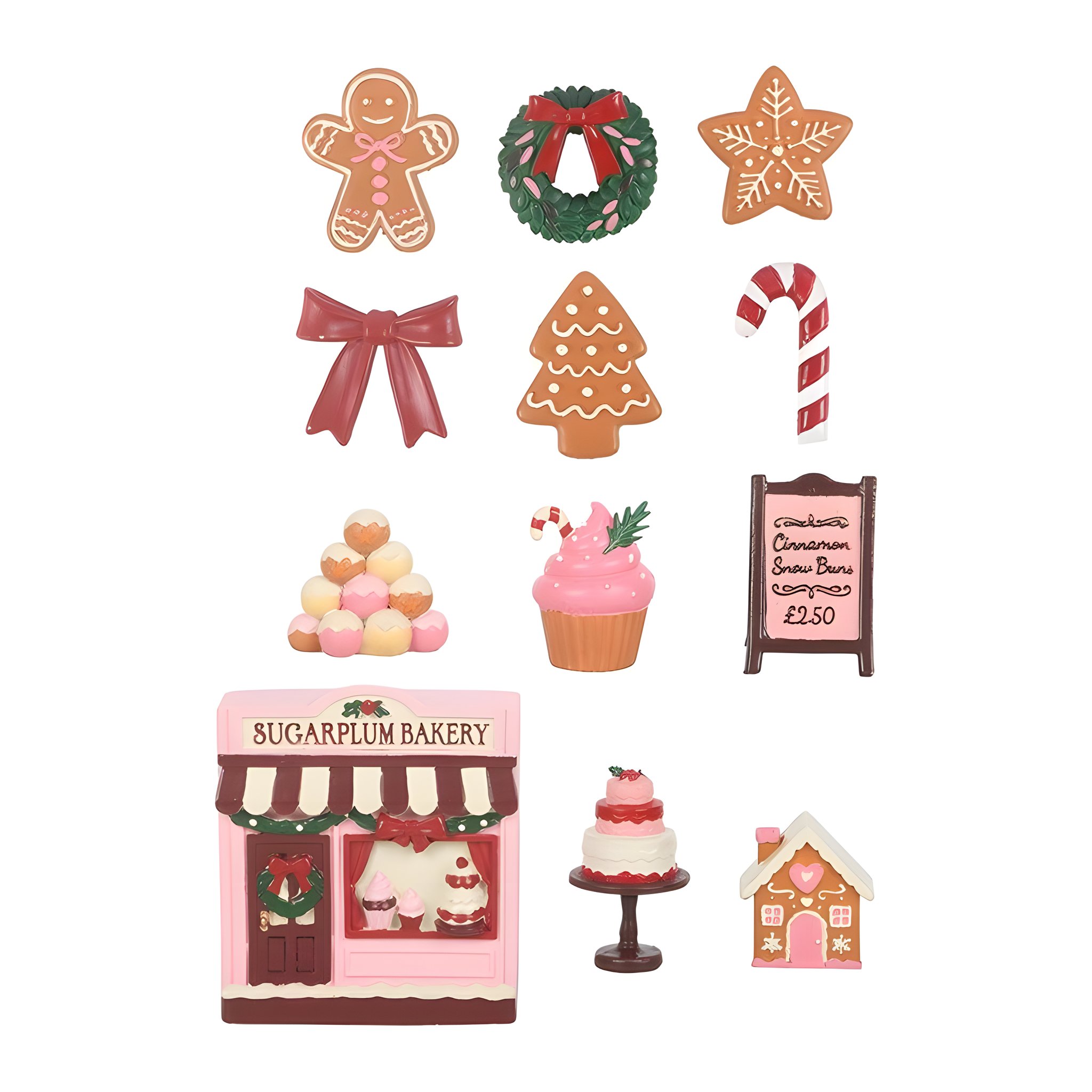 Les 12 figurines miniatures du calendrier Sugarplum Bakery, pain d'épices et cupcake
