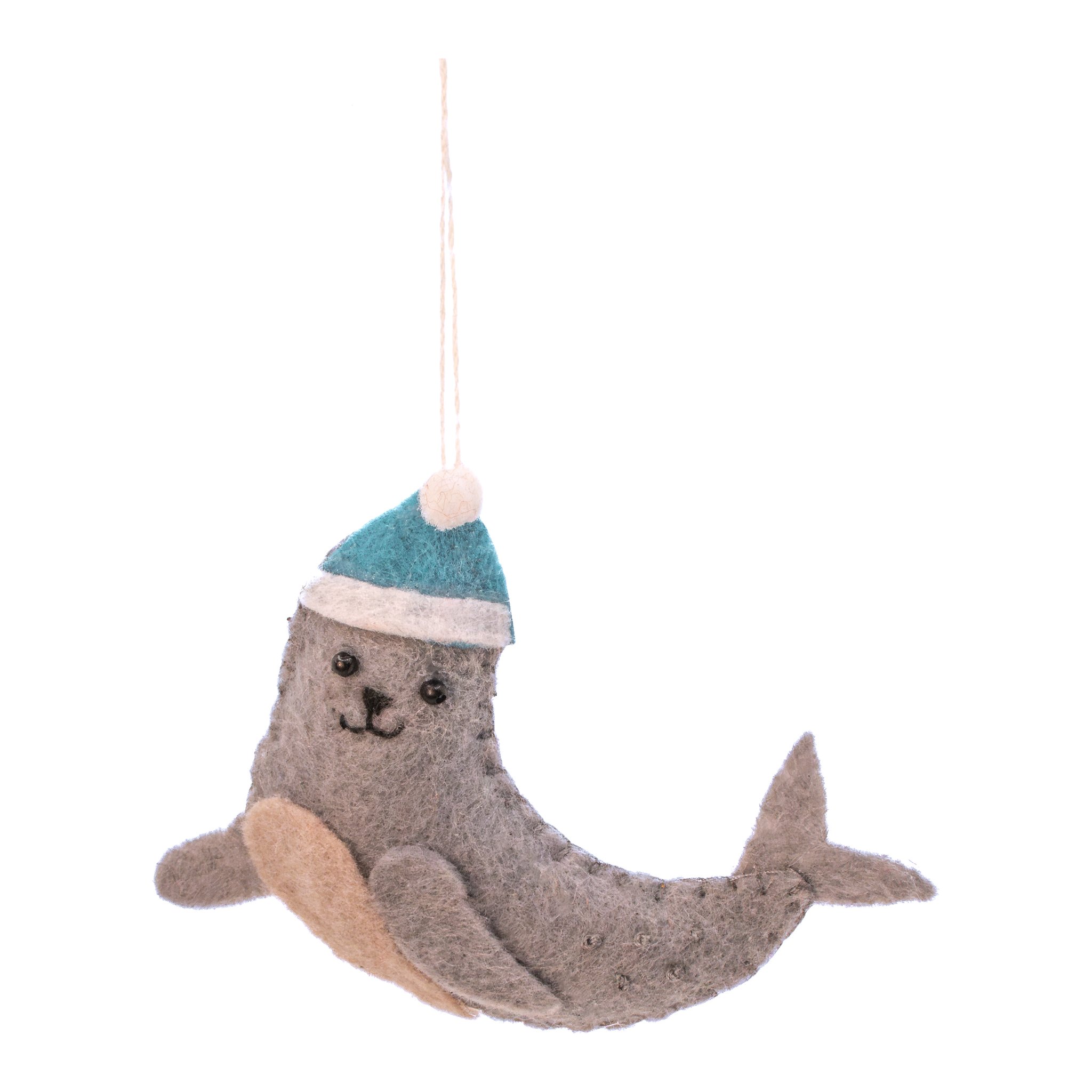 Wintertiere Weihnachtsschmuck, Filz-Robbe mit blauer Mütze, freigestellt