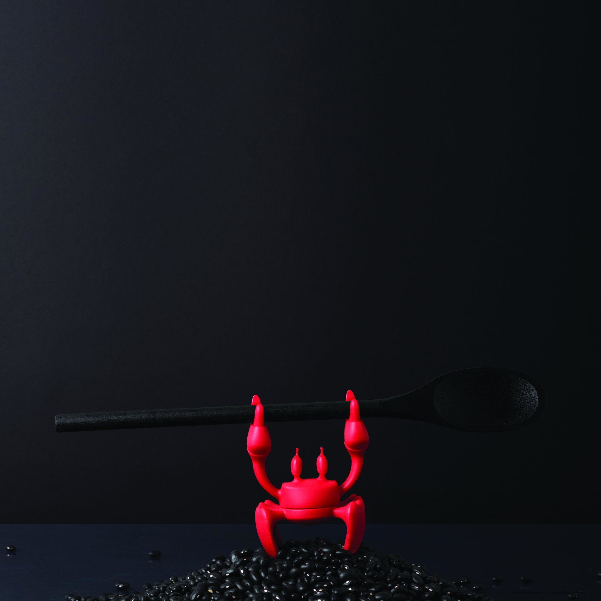 Red crab with a black cooking spoon against a dark background