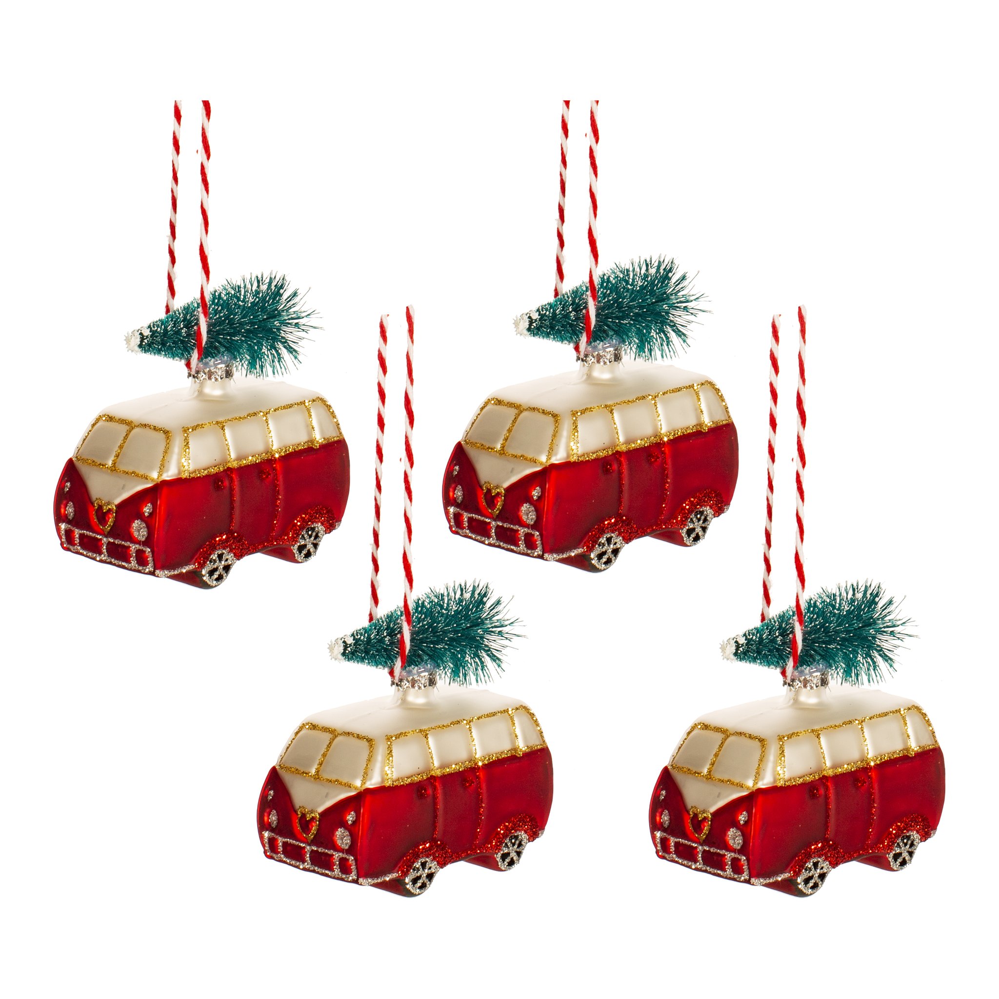 Set de décorations de sapin camping-car Sass & Belle, quatre vans rouges en verre avec sapin sur le toit