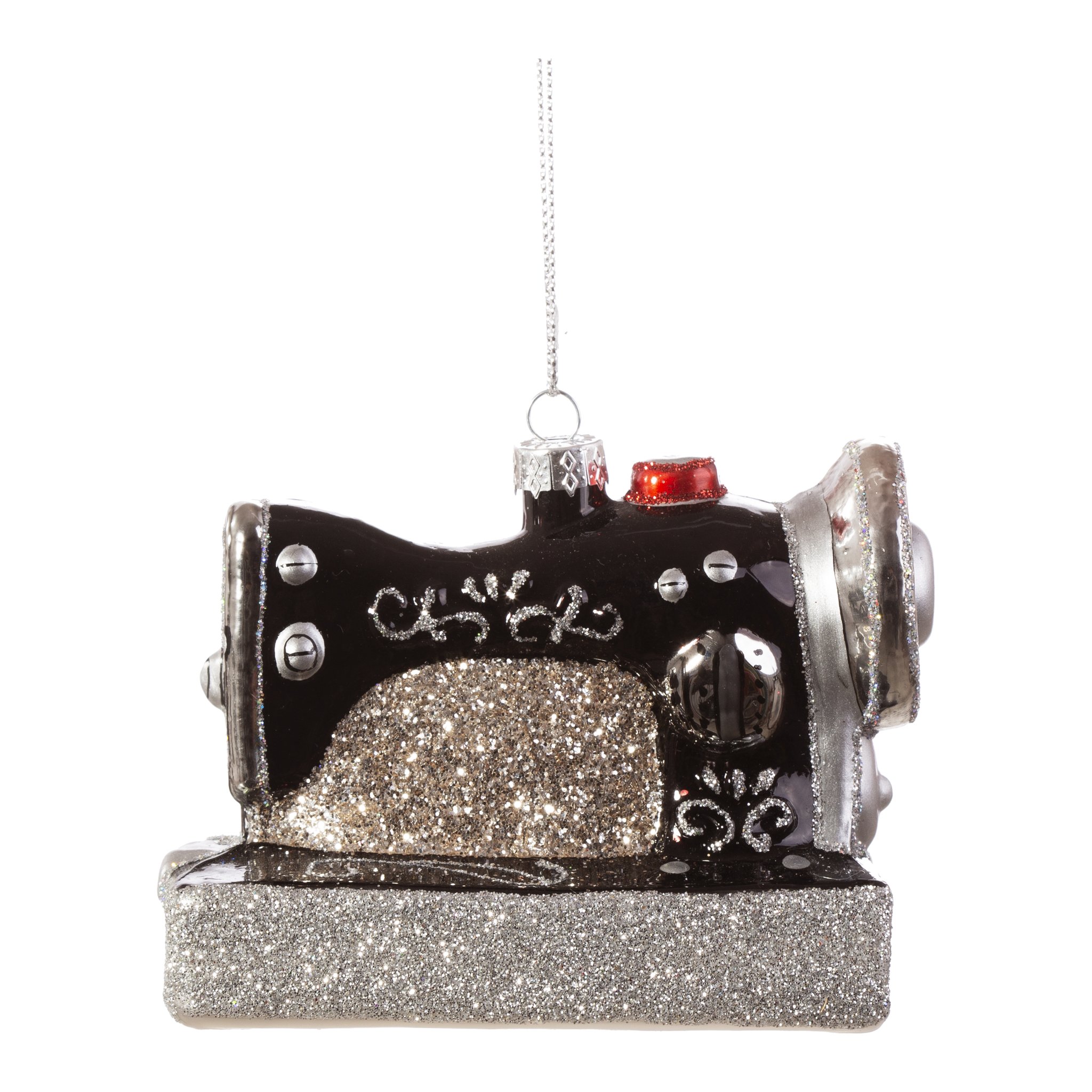 Décoration de sapin machine à coudre Sass & Belle, machine à coudre noire en verre avec paillettes, détourée