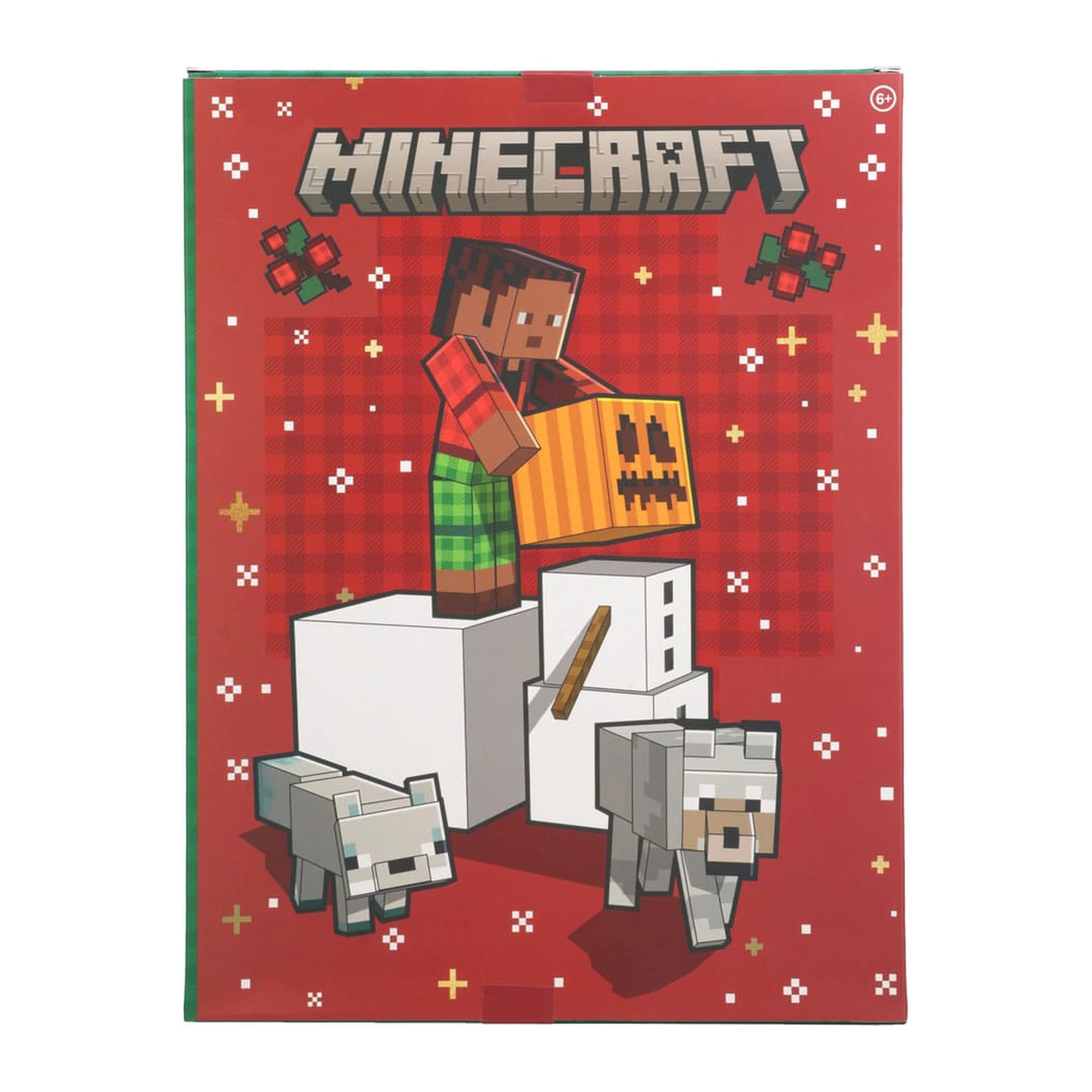 Calendrier de l'Avent Minecraft papeterie, face avant avec Steve, un golem de neige et deux loups