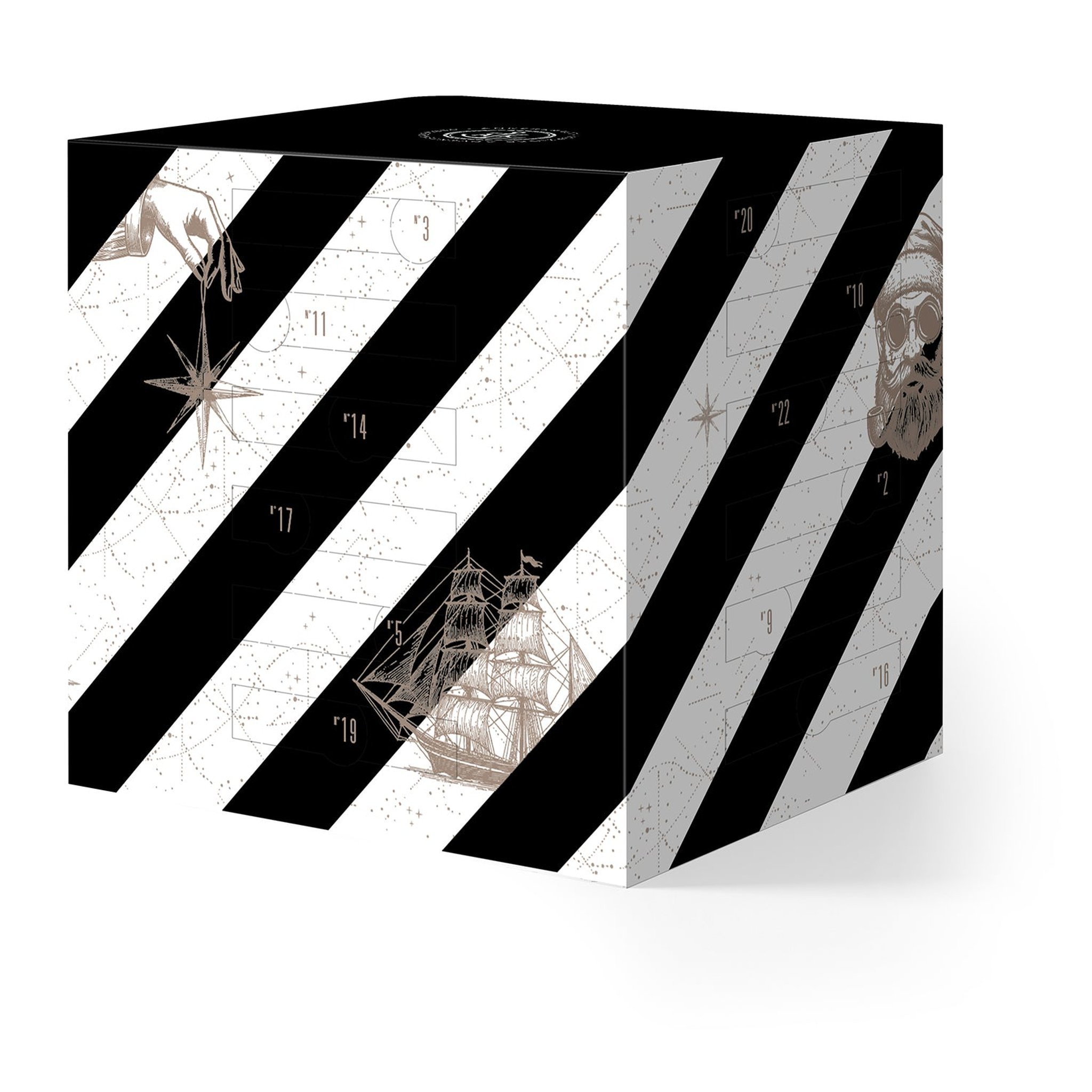 Schwarz-weiss gestreifter Gewürz-Adventskalender Anker Cube von Ankerkraut freigestellt
