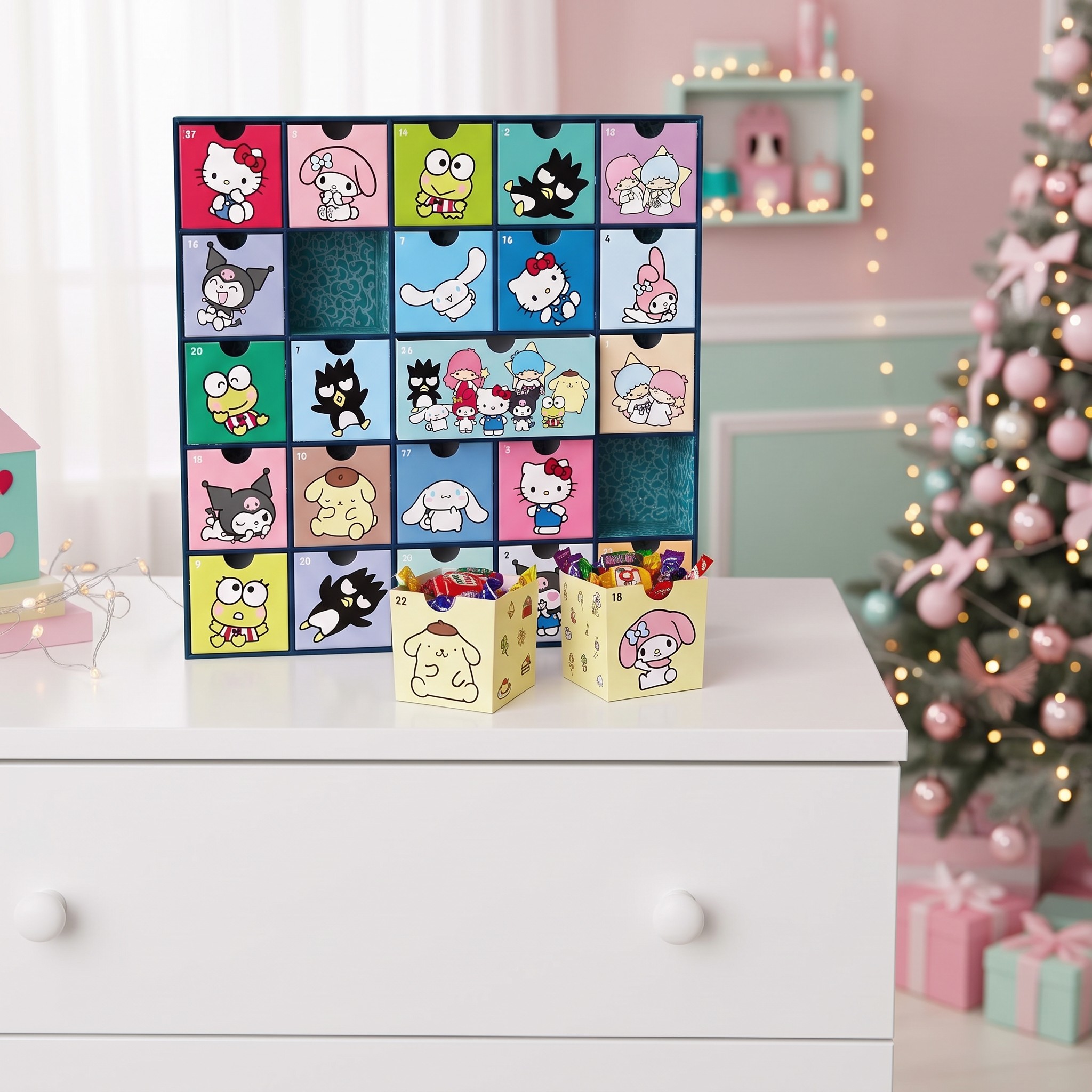 Hello Kitty Adventskalender auf einer weissen Kommode mit zwei herausgenommenen Schubladen voller Süssigkeiten