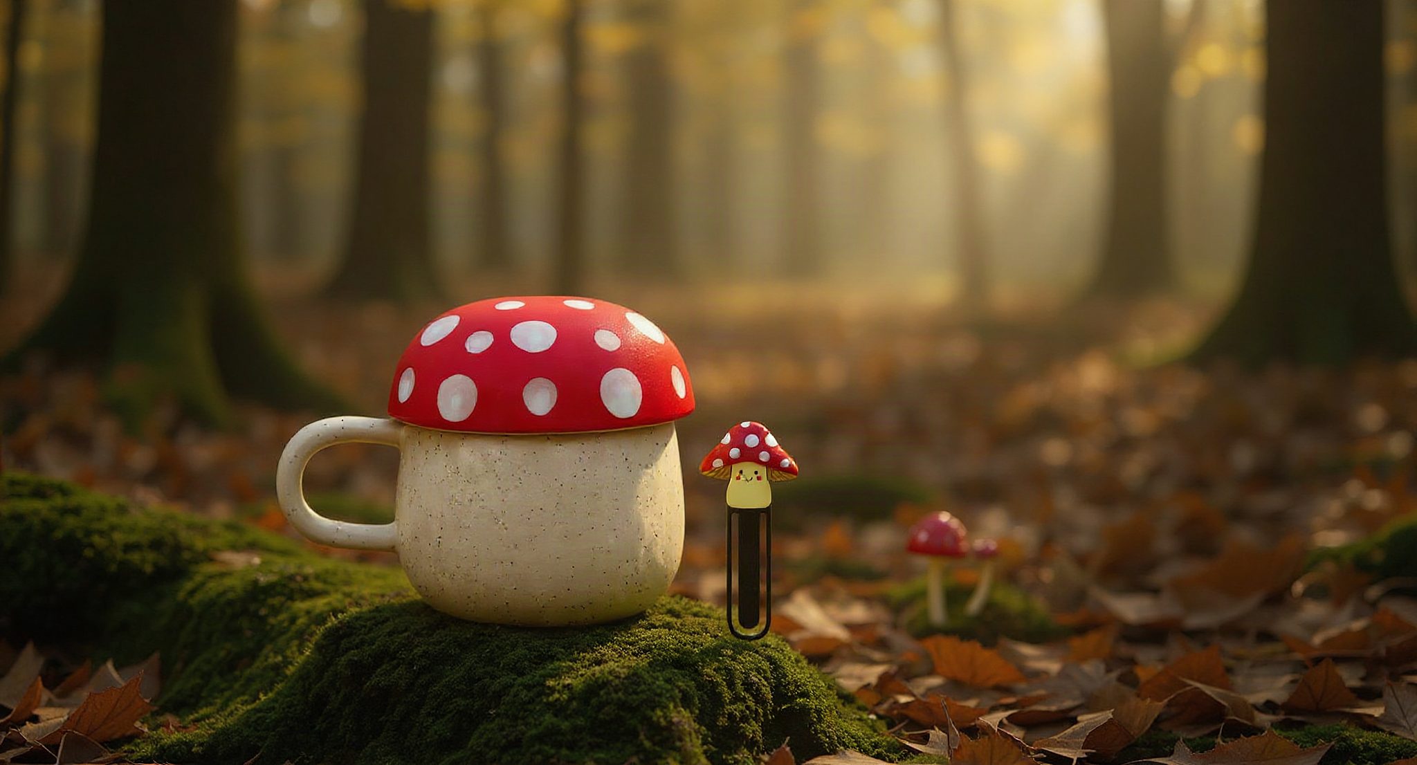Fliegenpilz-Tasse und Pilz-Lesezeichen auf Moos im herbstlichen Buchenwald