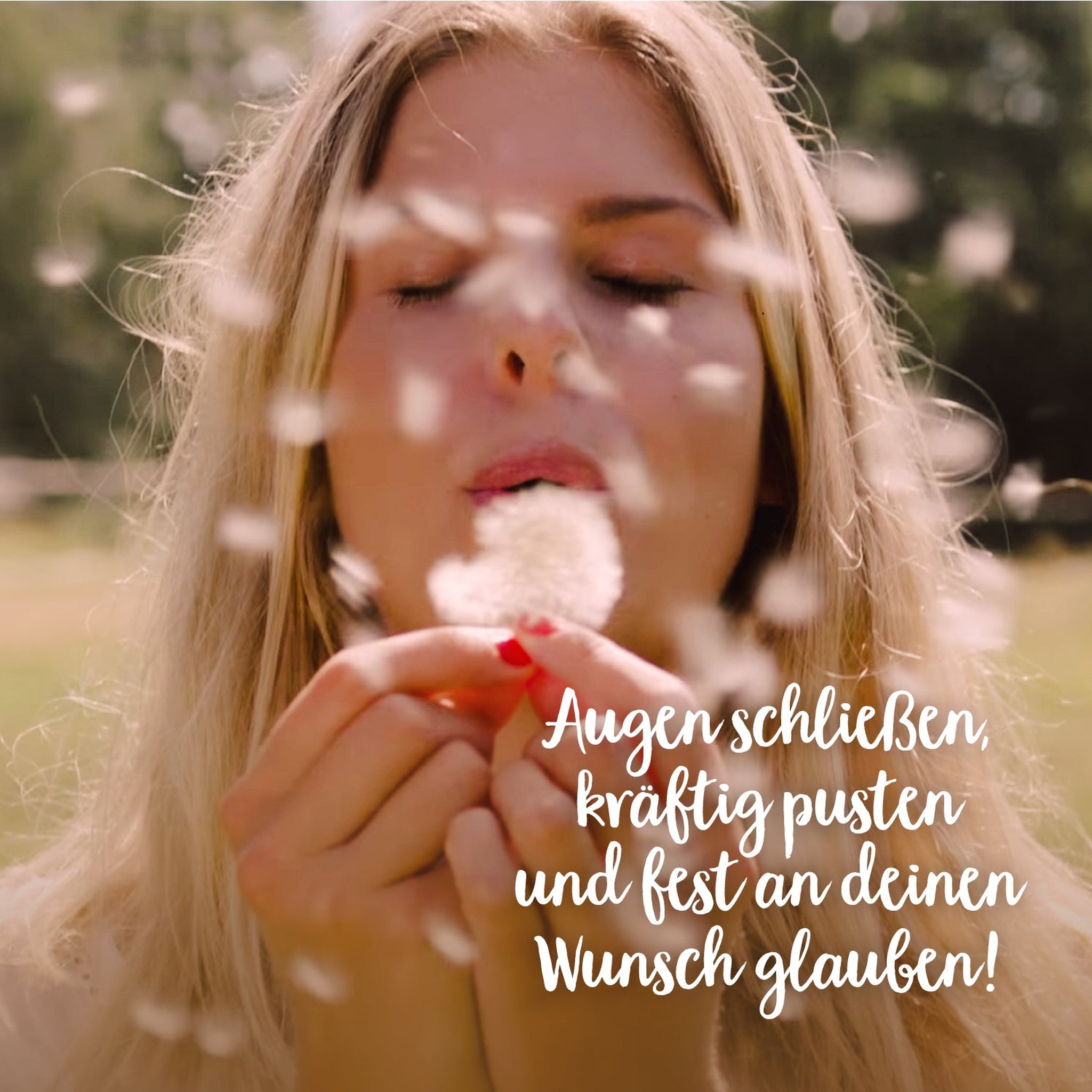 Frau mit geschlossenen Augen pustet eine Pusteblume, die Schirmchen fliegen durch die Luft