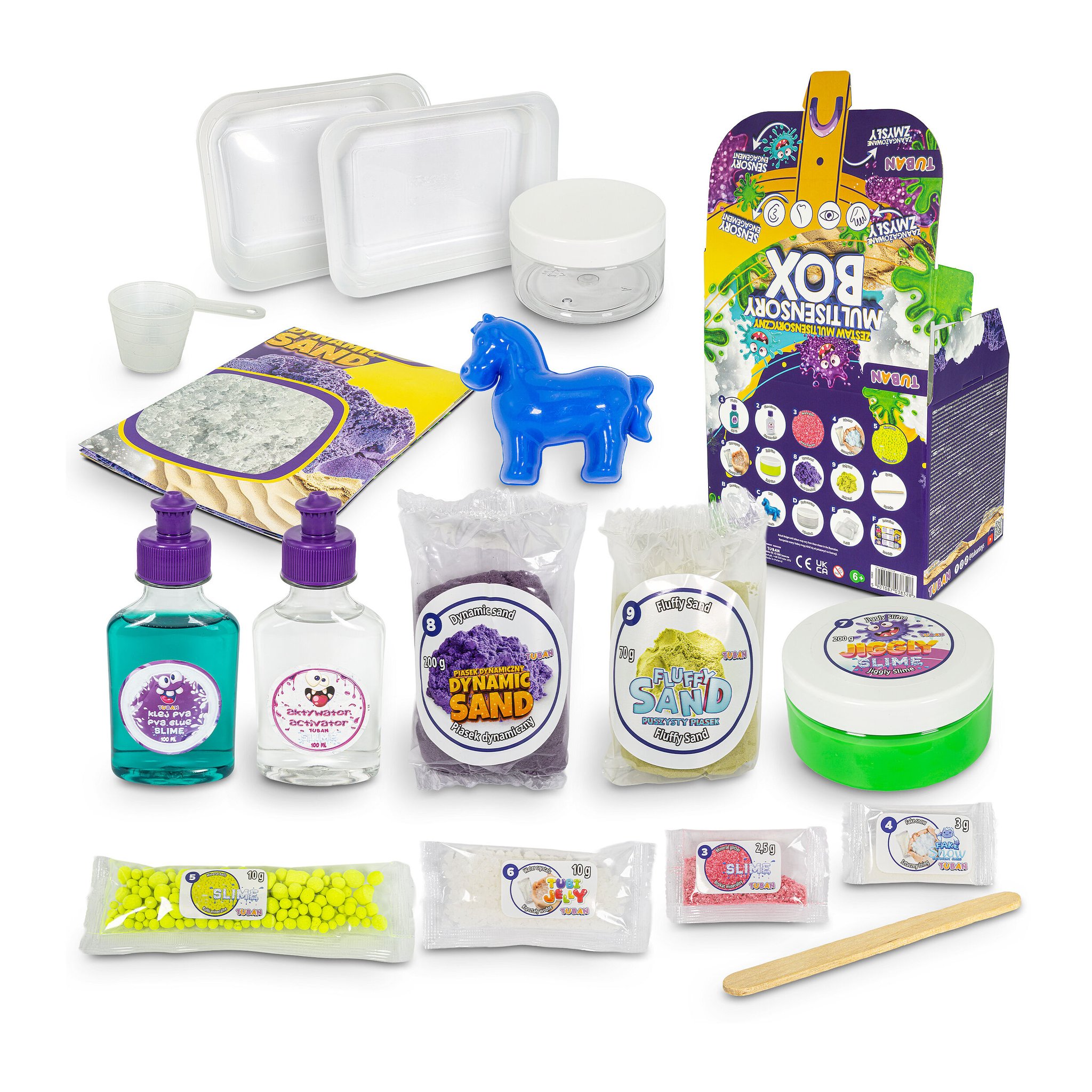 Contenuto della Multisensory Box: colla, attivatore, sabbia dinamica e fluffy, Jiggly Slime e accessori