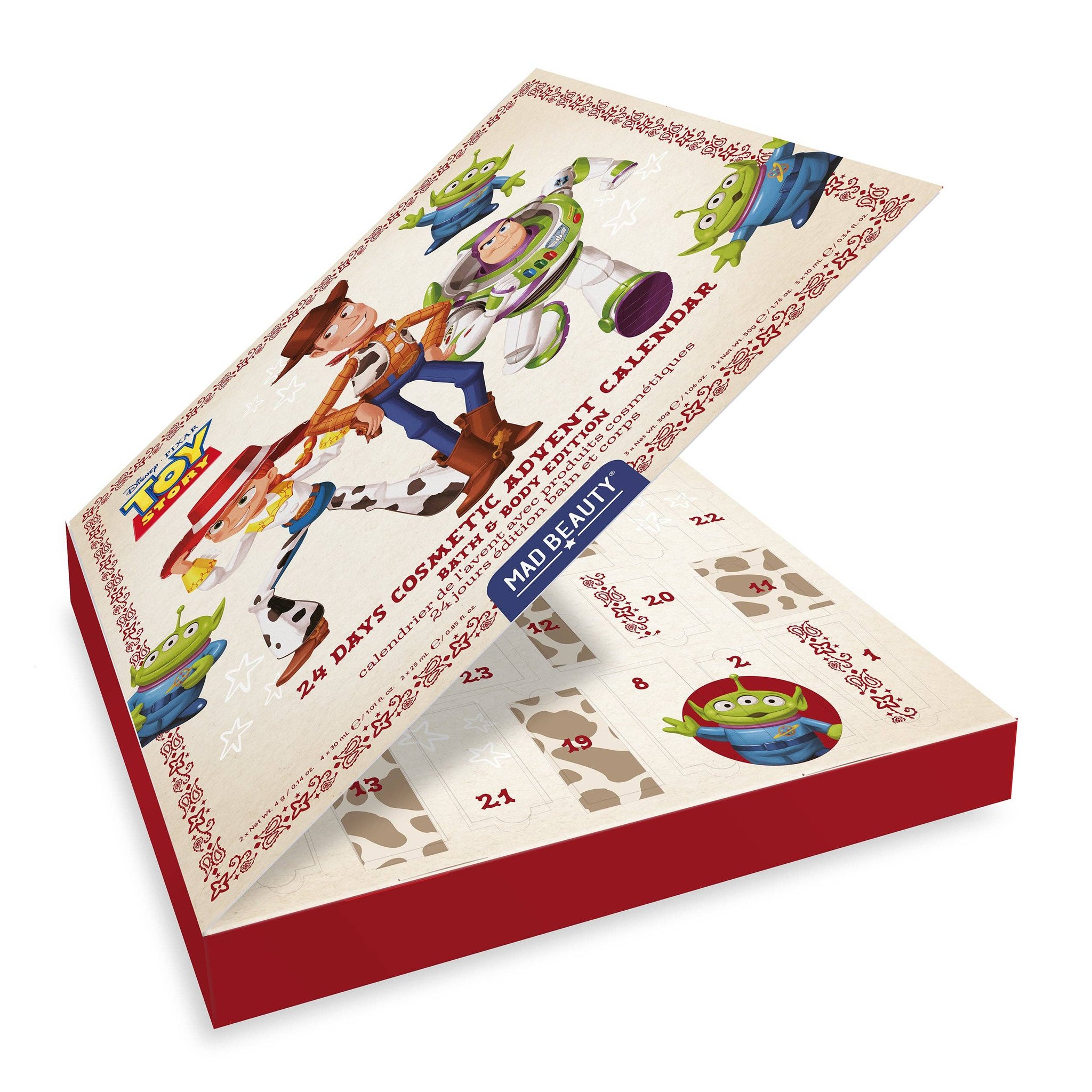 Geöffnete Kalenderbox mit den 24 nummerierten Türchen des Toy Story Adventskalenders