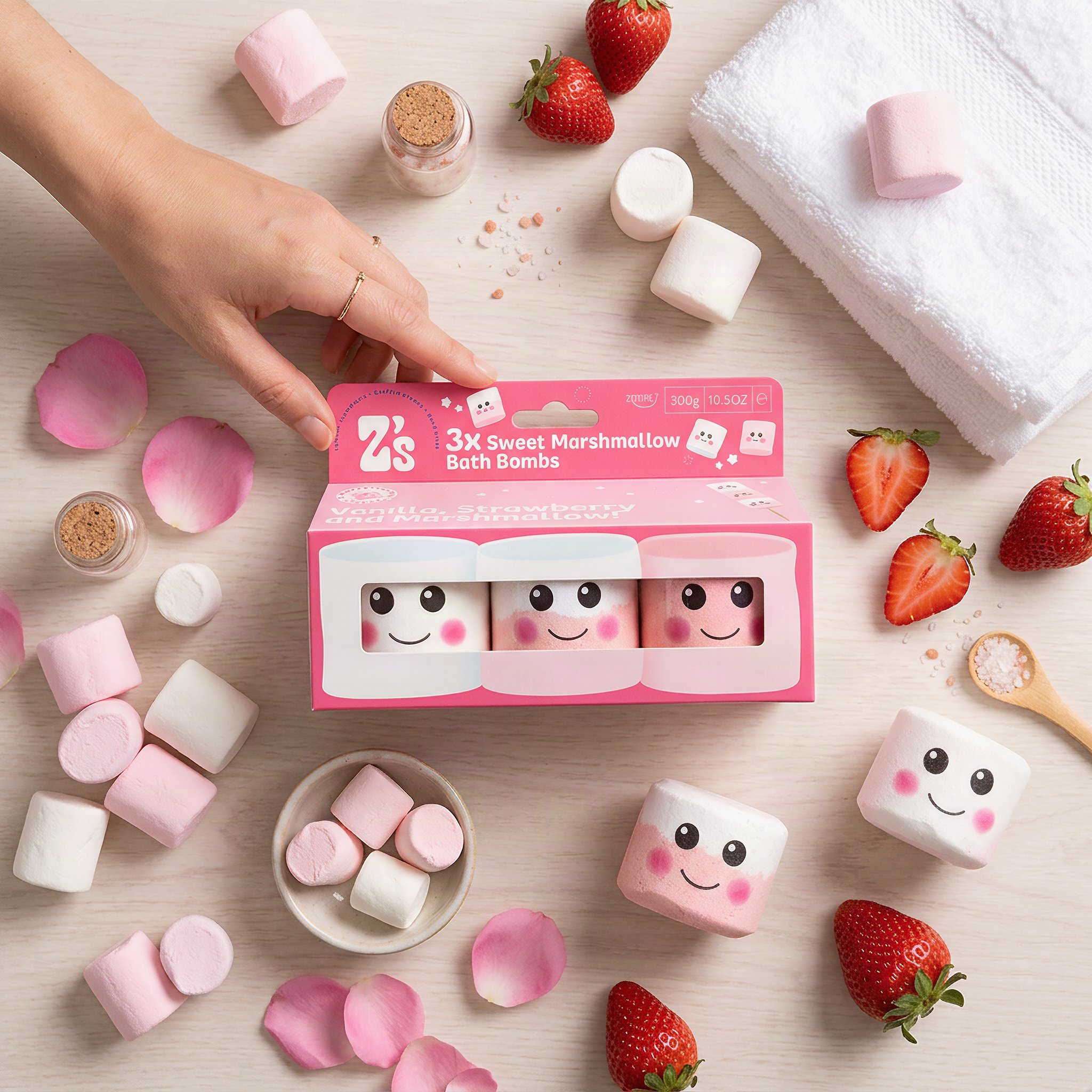 Marshmallow bath bombs in their box among strawberries, marshmallows and a towel