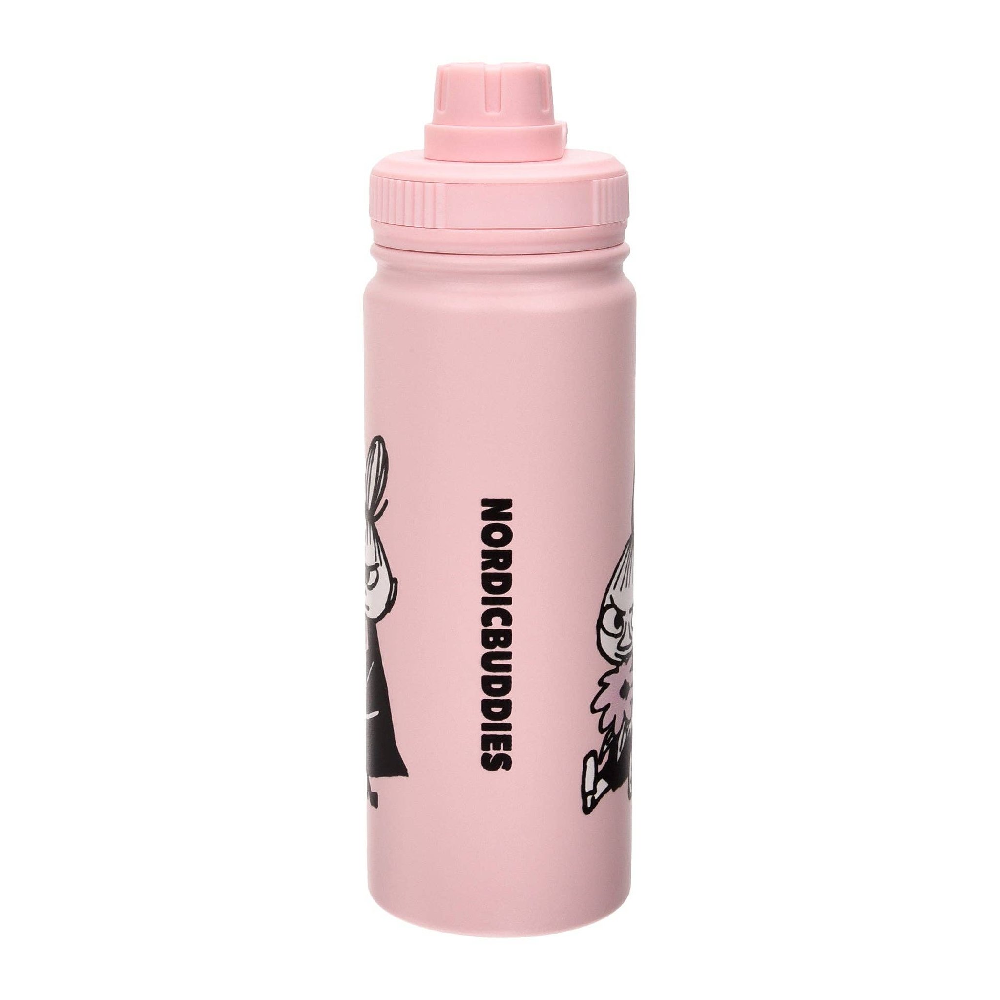 Side view of the pink Moomin thermal bottle with vertical Nordicbuddies lettering