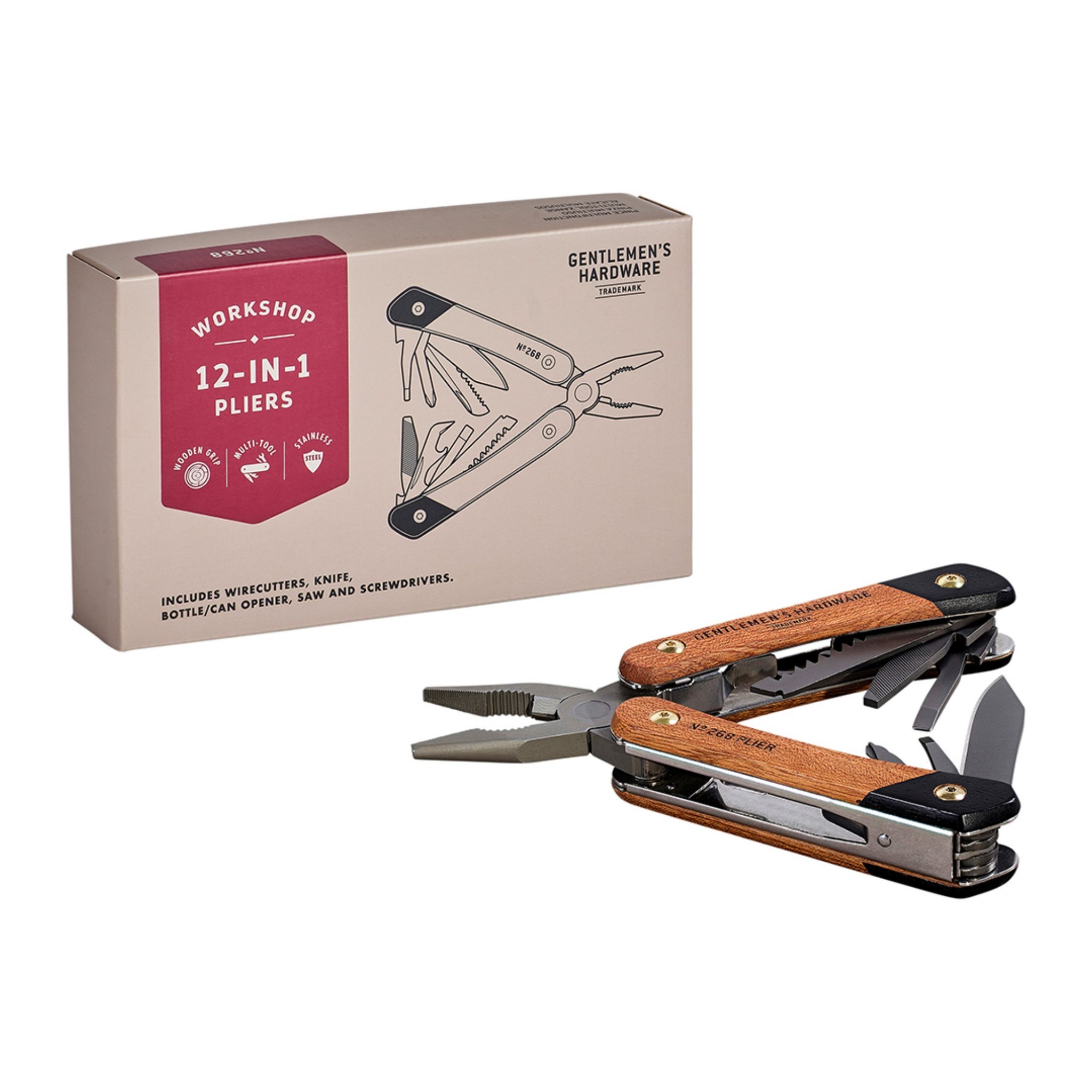 Zangen-Multitool mit Holzgriffen aufgeklappt vor der beigen Schachtel mit roter Banderole