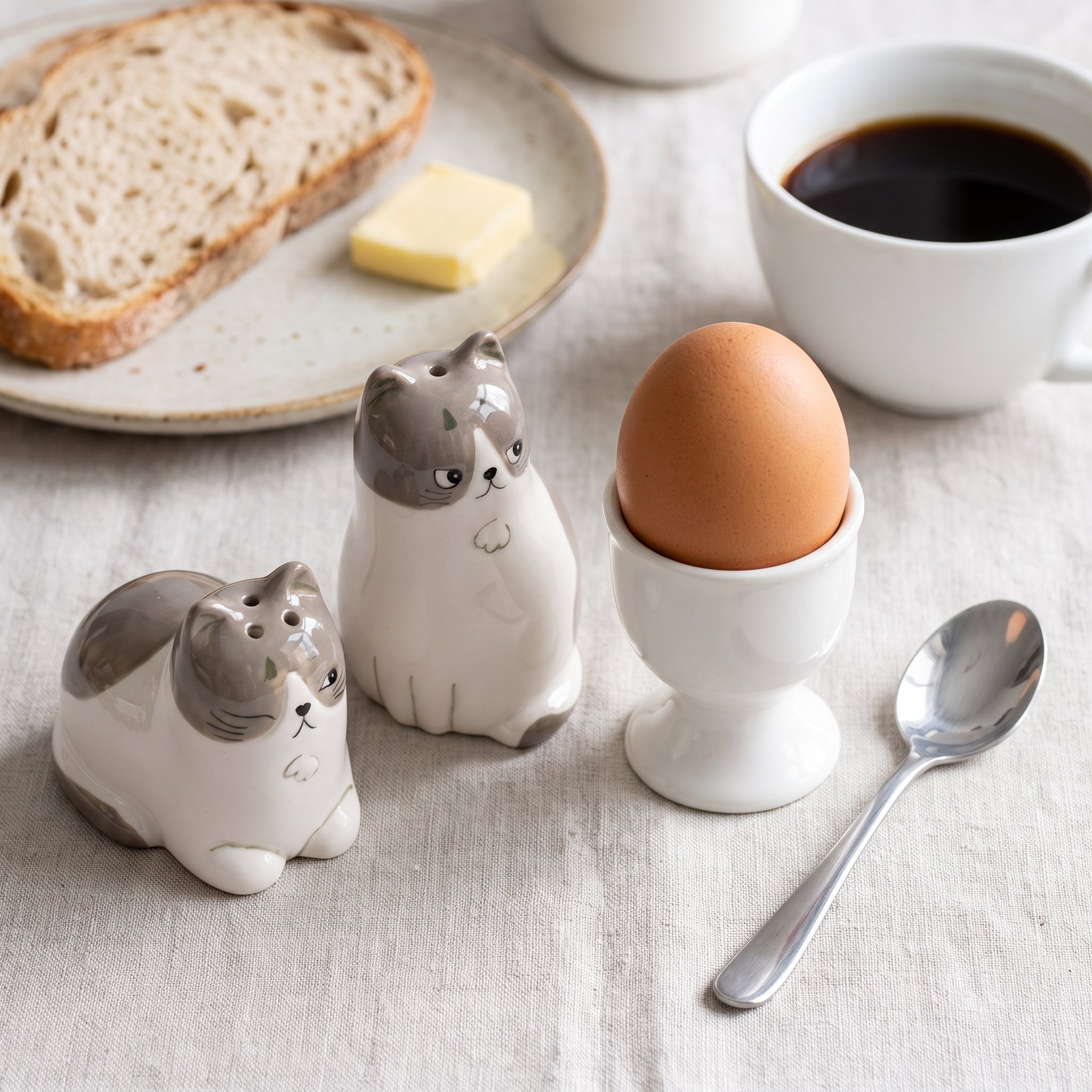 Cat salt and pepper shakers on the breakfast table next to an egg cup, bread and coffee