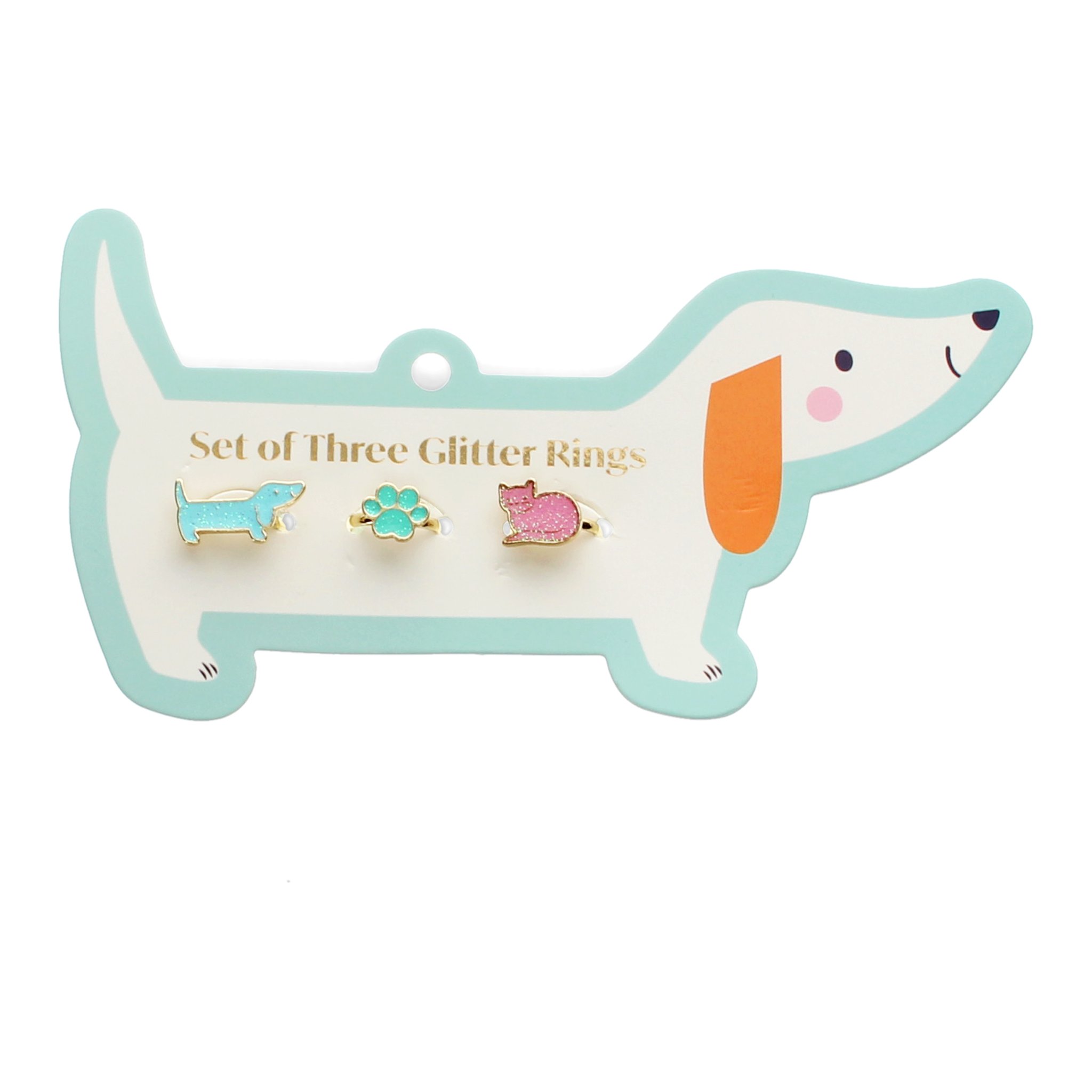 Children's ring set on the dachshund card 'Set of Three Glitter Rings'