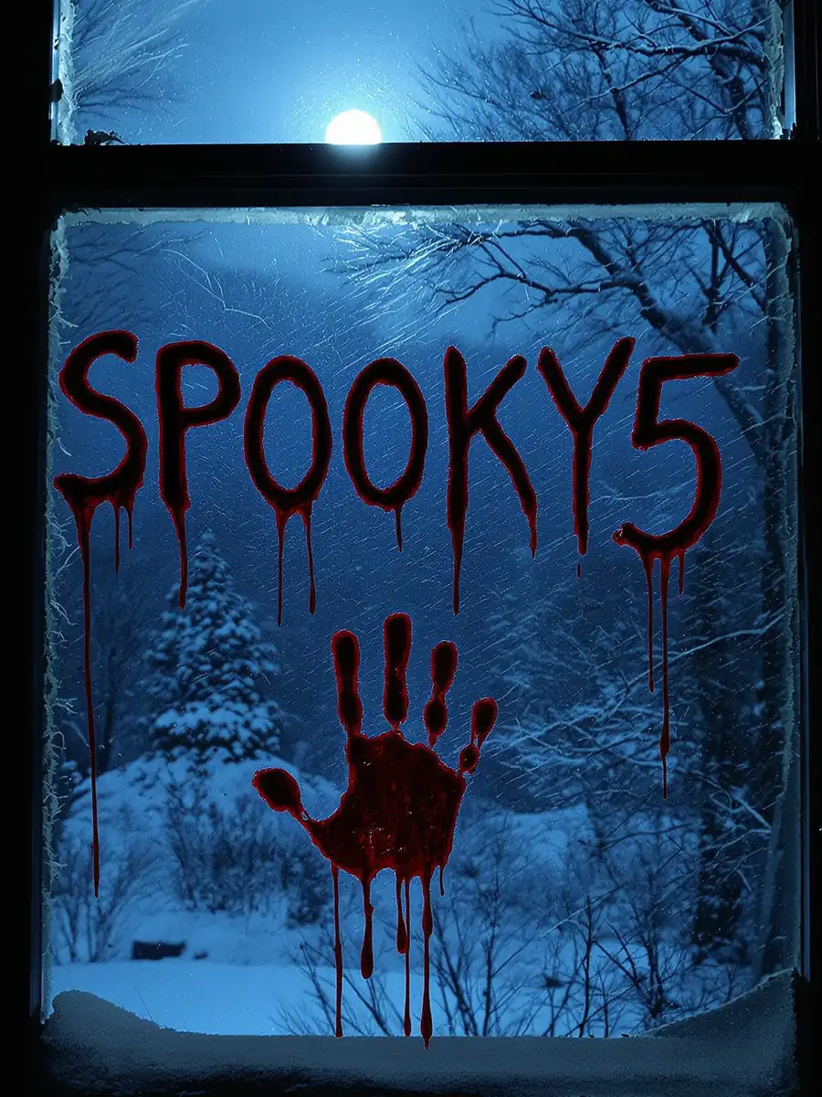Old haunted-house window at night with a bloody handprint and SPOOKY5 written on it in blood
