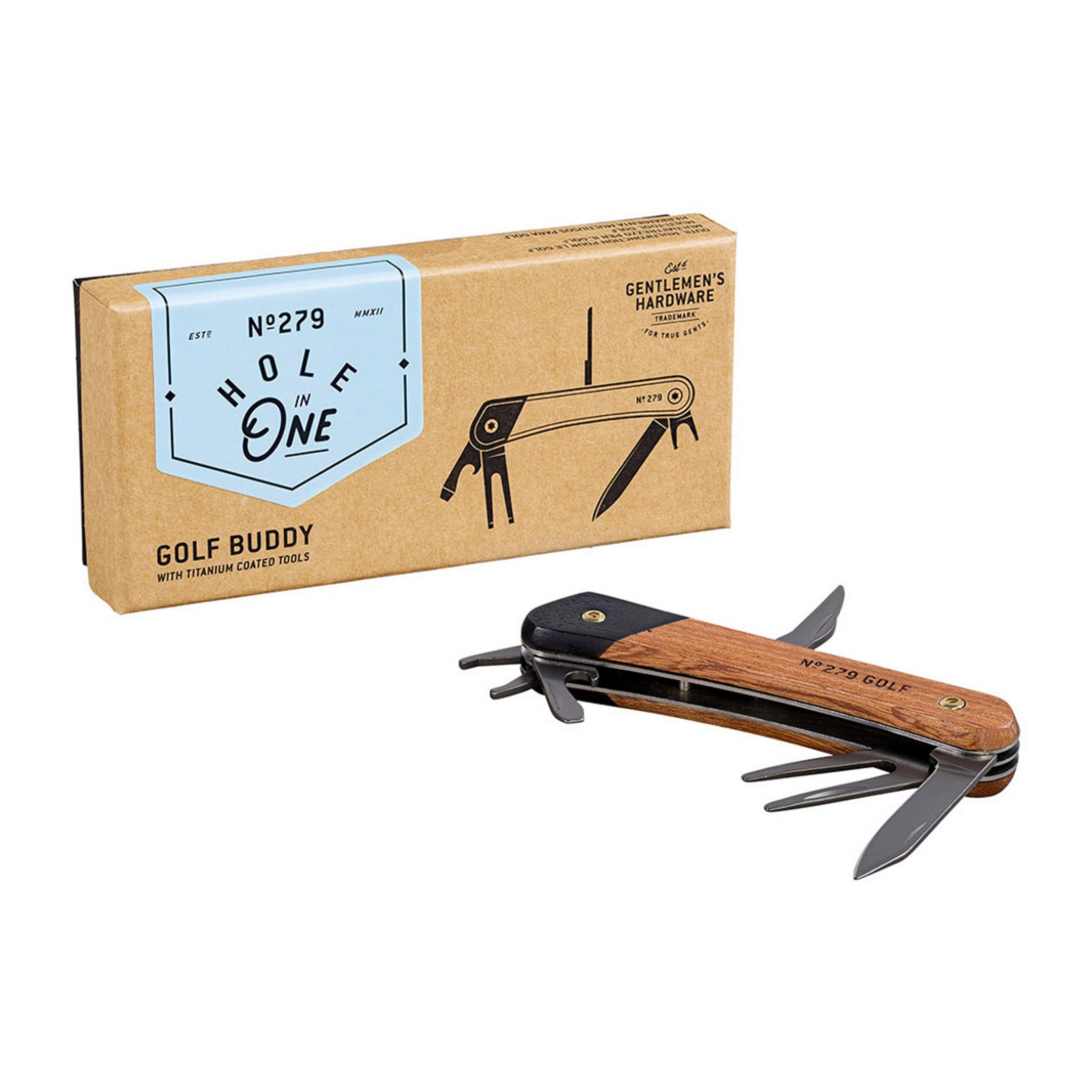 Outil de golf multifonction aux outils dépliés, posé devant la boîte en kraft Golf Buddy à étiquette bleu clair