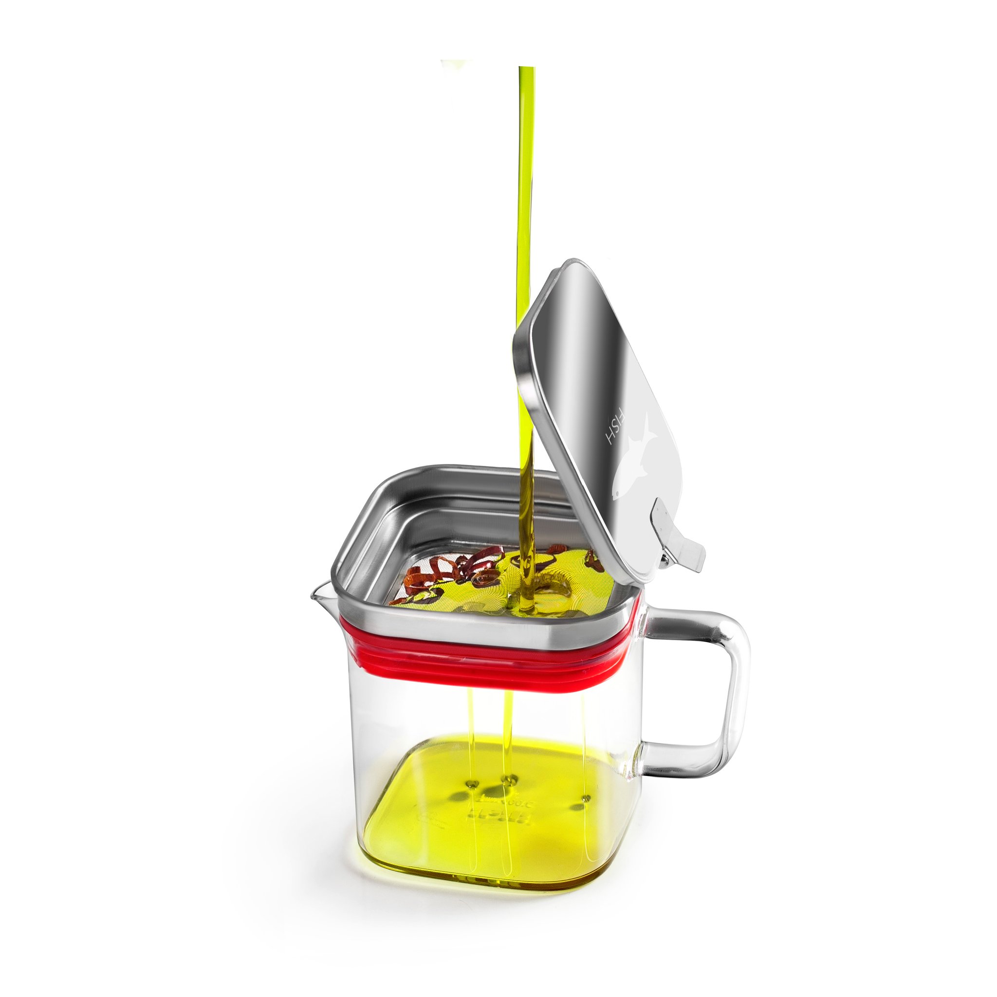 Frying oil being poured through the stainless steel sieve into the borosilicate glass recycler