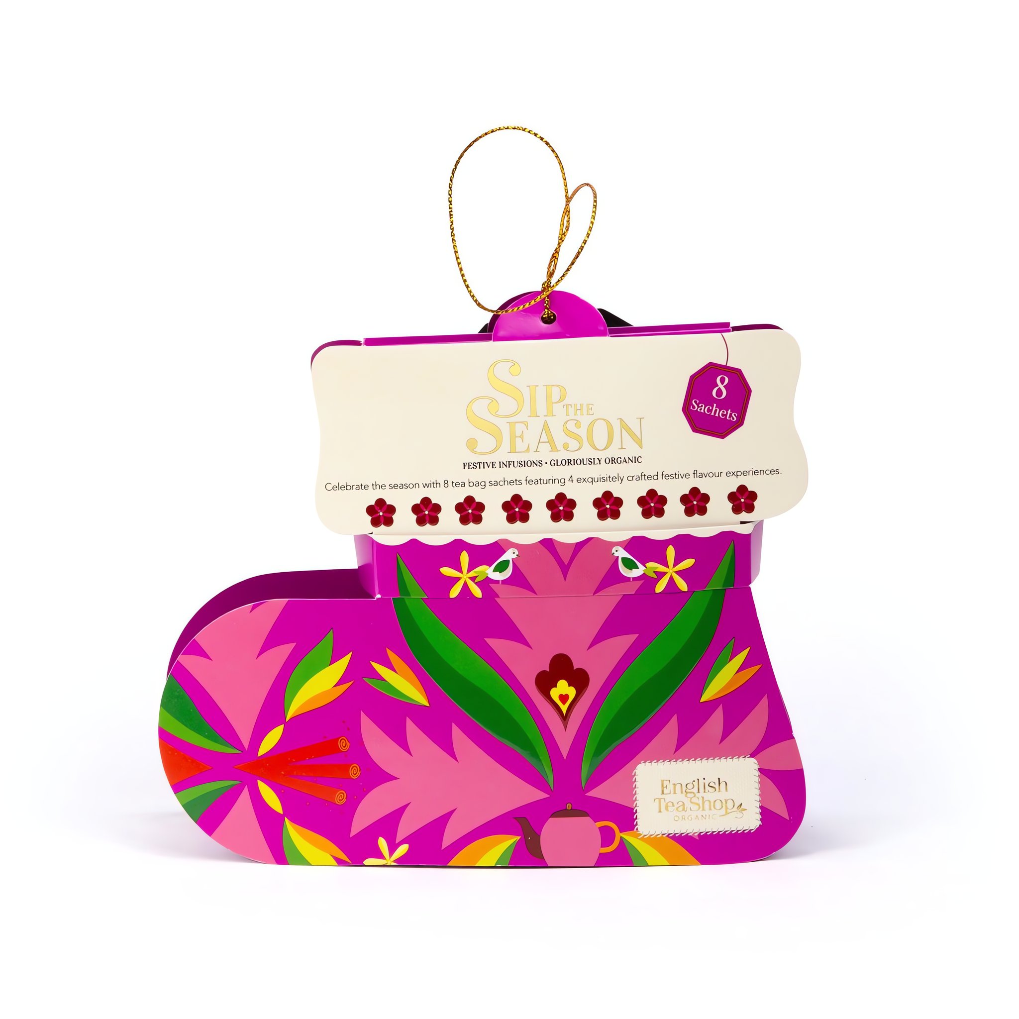 Tee-Geschenk in Form eines pinken Weihnachtsstiefels mit goldener Aufhängeschlaufe