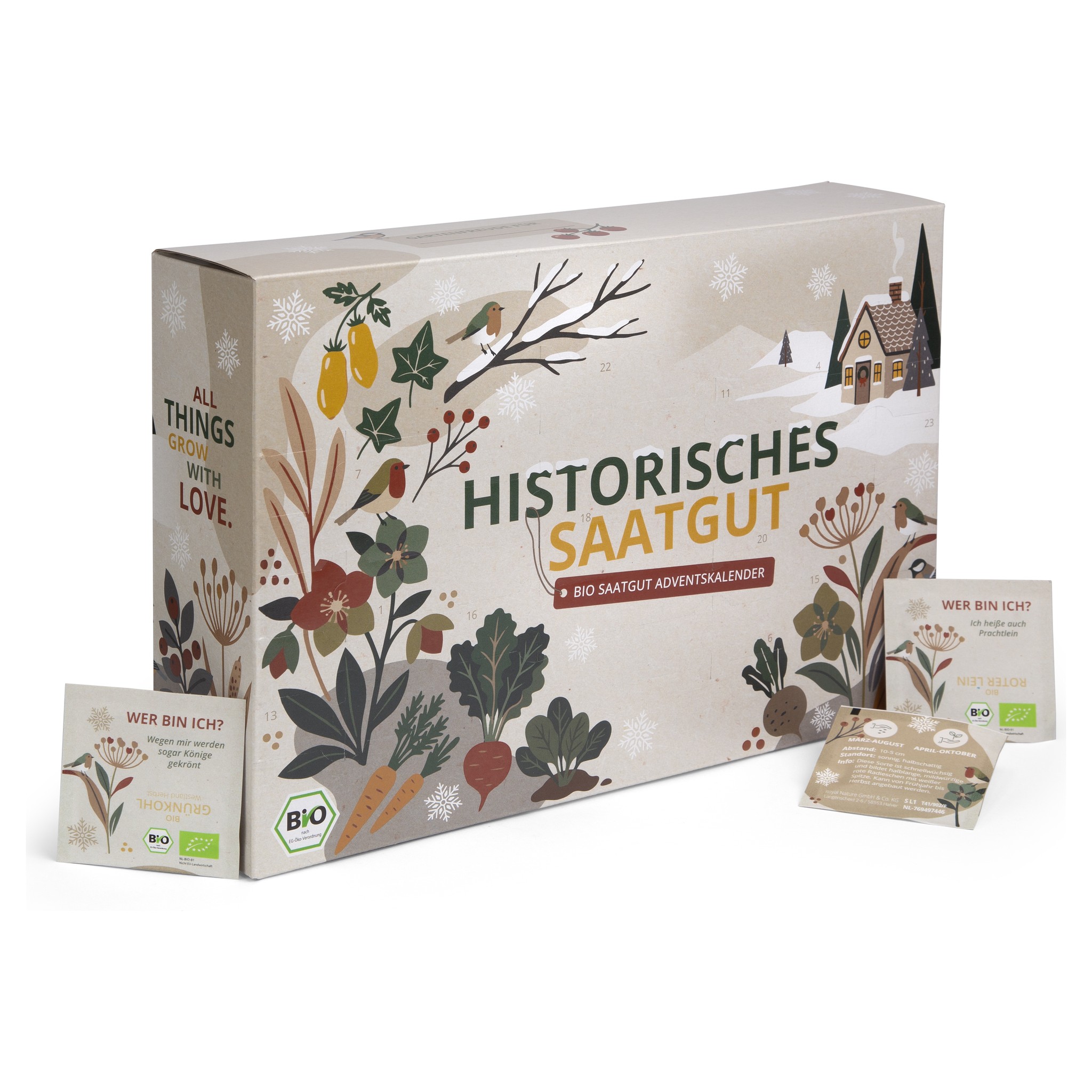 Calendrier de l'Avent de semences bio historiques dans son nouvel emballage, avec sachets de graines