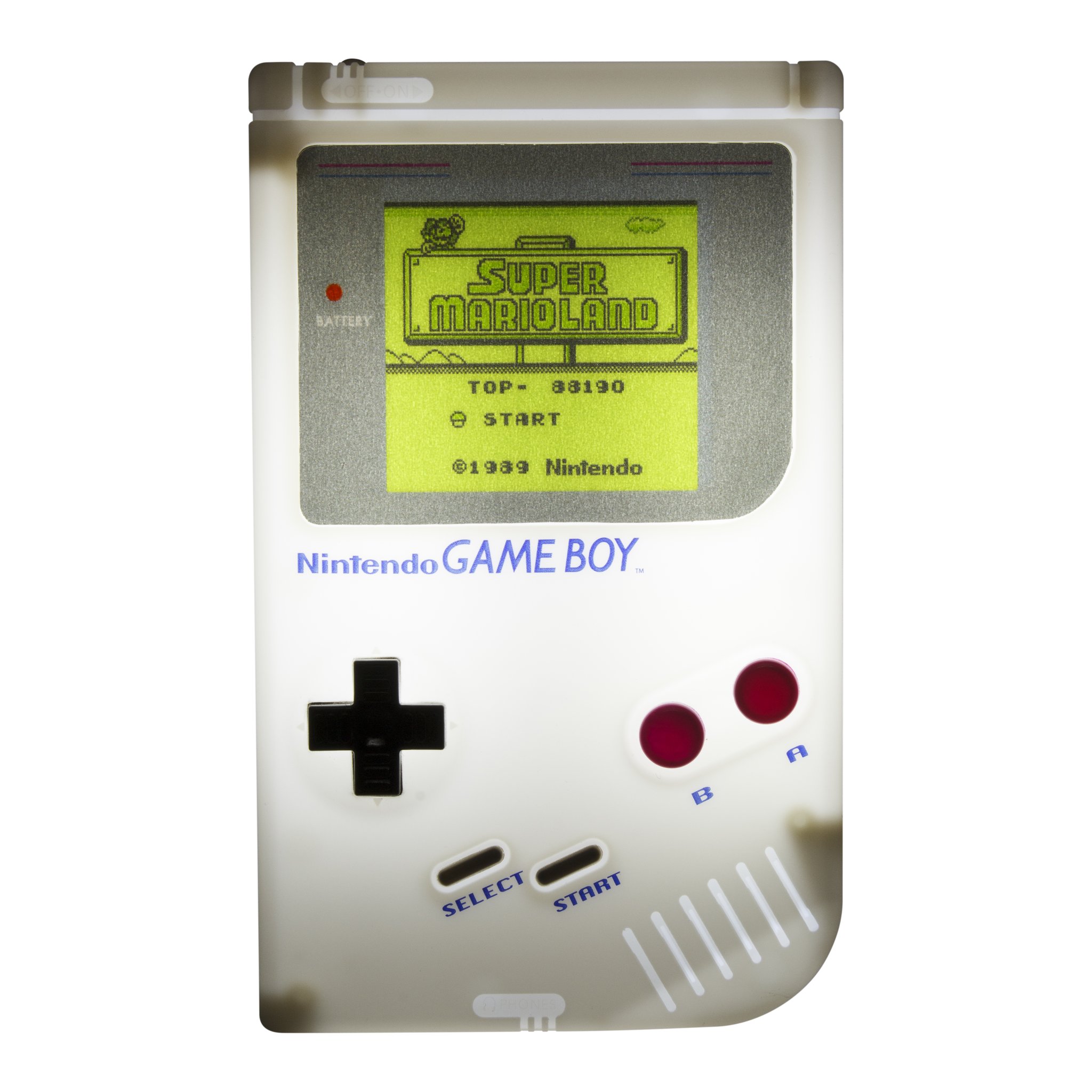 Game-Boy-Nachtlicht freigestellt schräg mit Standfuss
