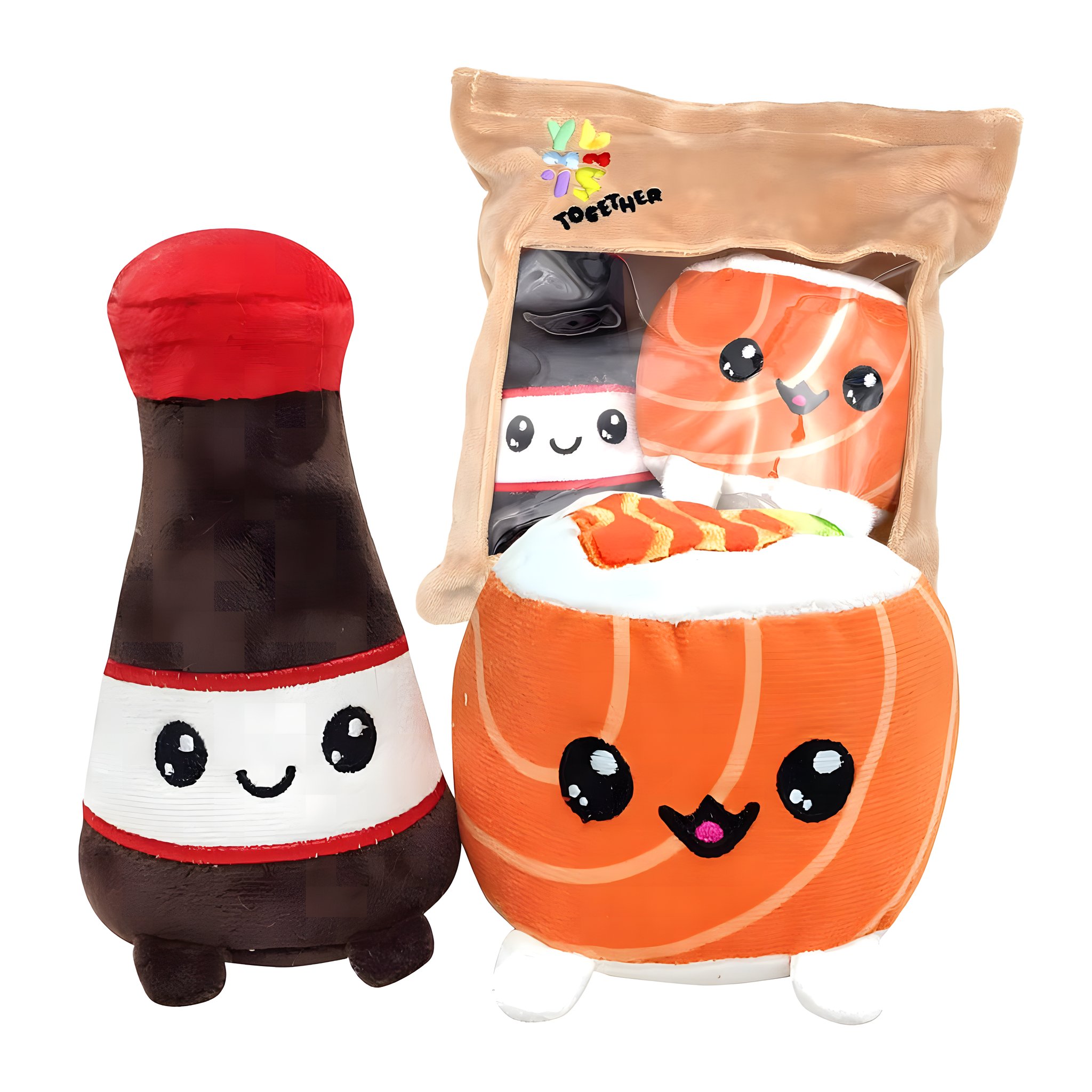Yummies Together Set: Sojasauce-Flasche und Uramaki aus Plüsch vor der Take-Away-Tasche