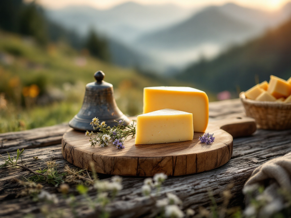 Desalpa: tagliere di legno con formaggio d'alpe, fiori di campo e campana nella luce calda d'autunno