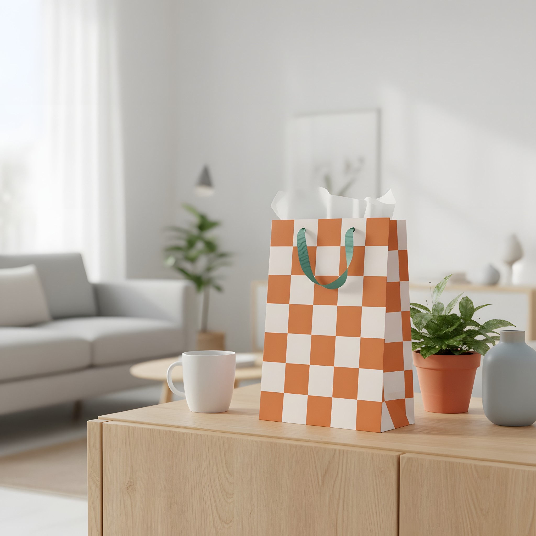 Busta regalo grande a scacchi color ruggine di Ohh Deer con carta velina e tazza su una credenza in soggiorno