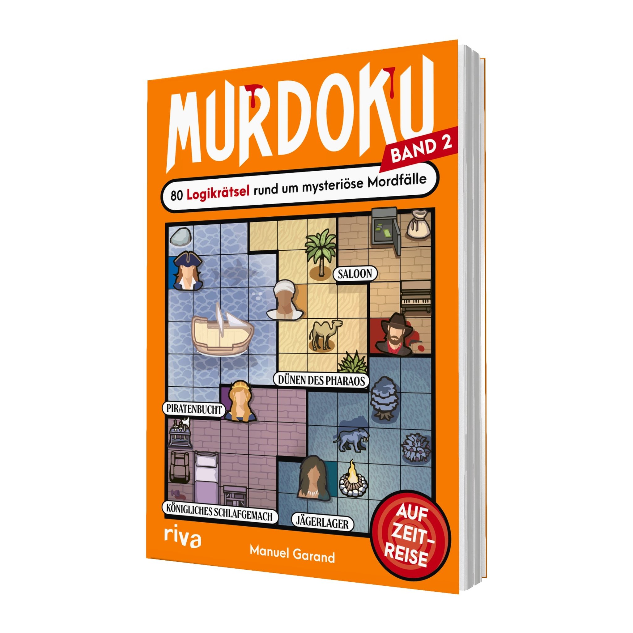 Livre d'énigmes Murdoku 2 voyage dans le temps vu de biais, couverture orange avec un plan de scène de crime