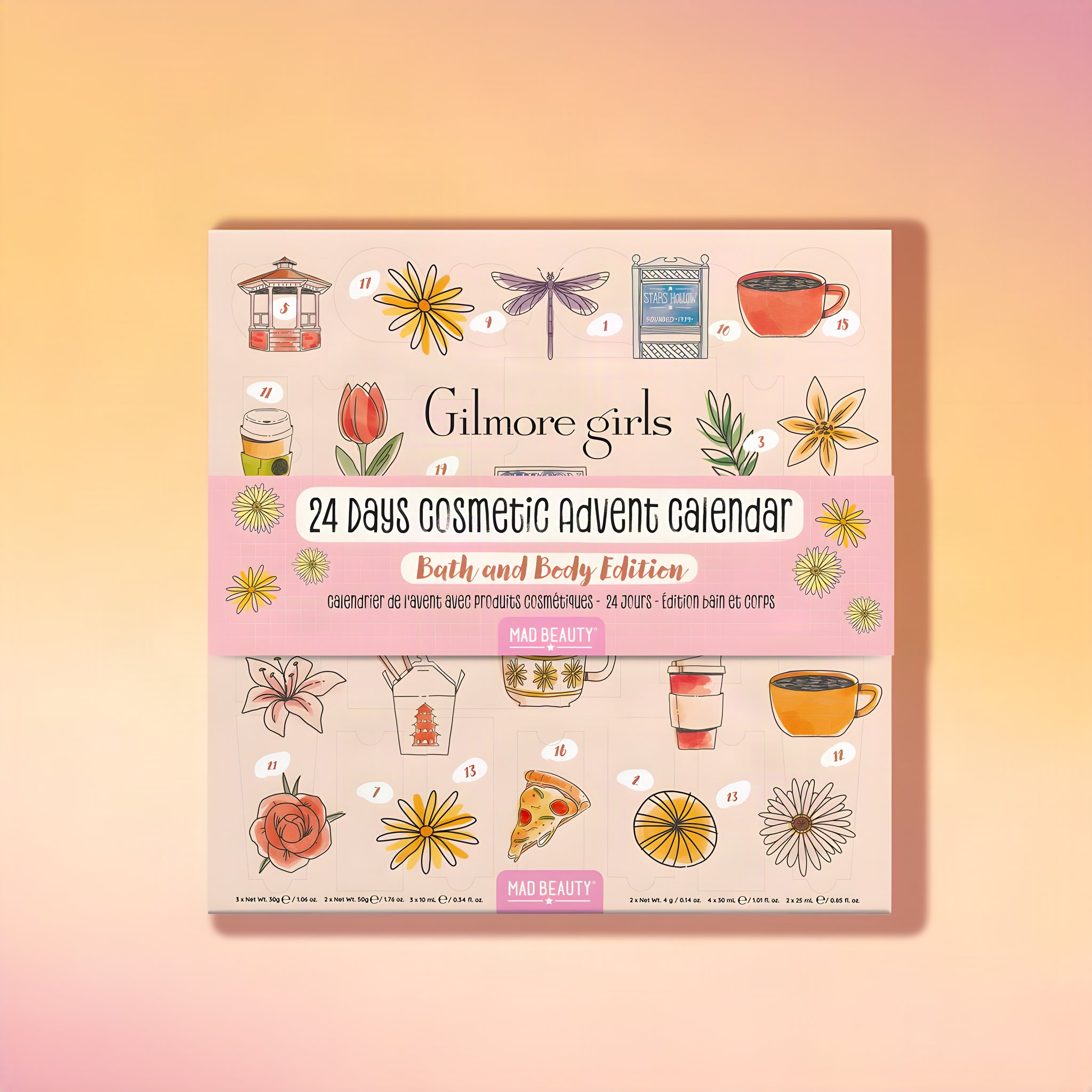 Scatola del calendario Gilmore Girls illustrata con tazze di caffè, pizza e fiori, edizione bagno e corpo