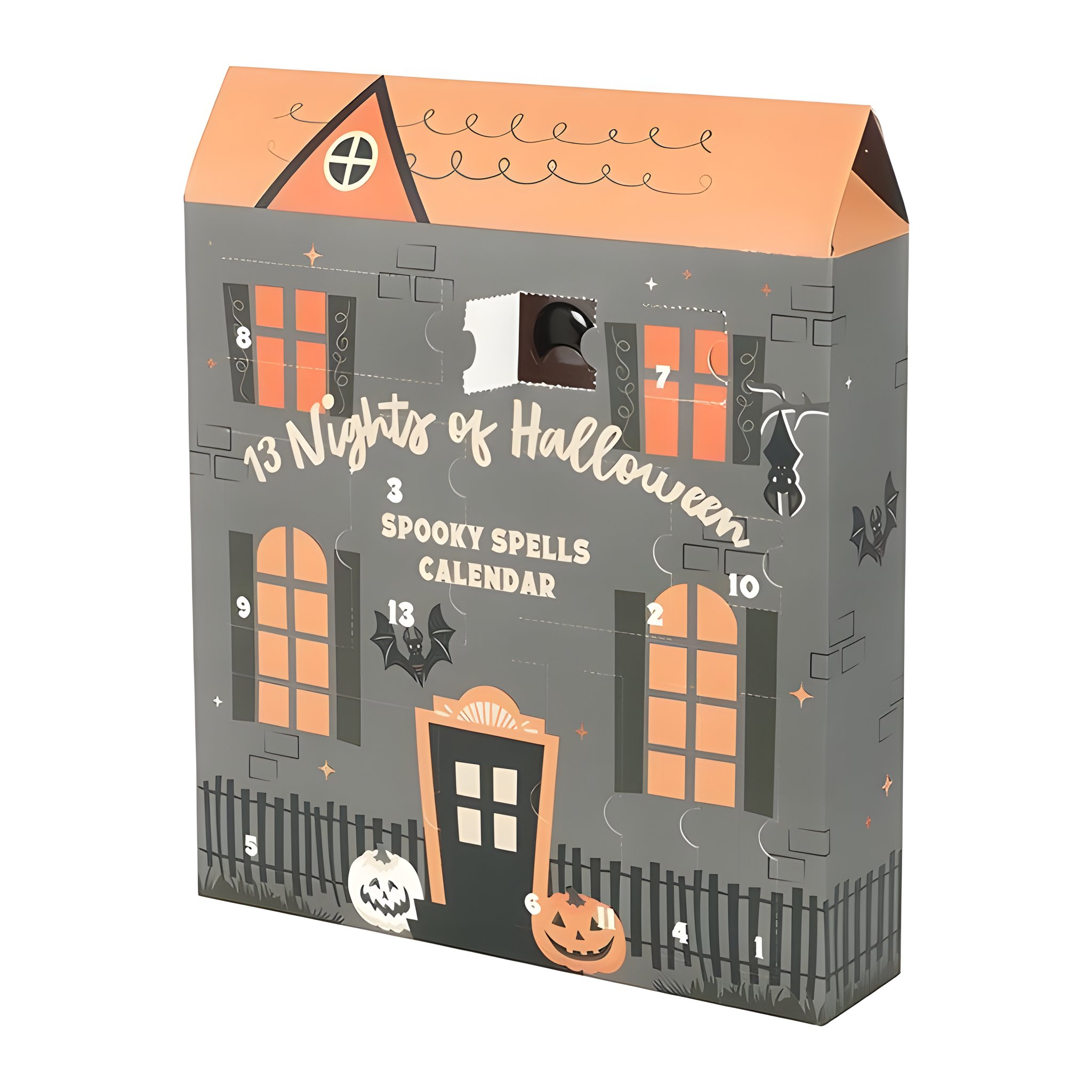 Vue de biais du calendrier compte à rebours d'Halloween avec portes et citrouilles