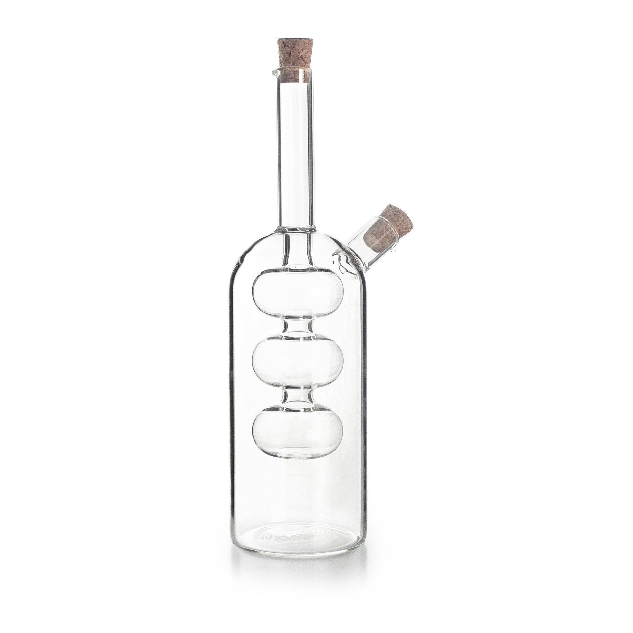 Empty borosilicate glass oil and vinegar bottle with two cork stoppers
