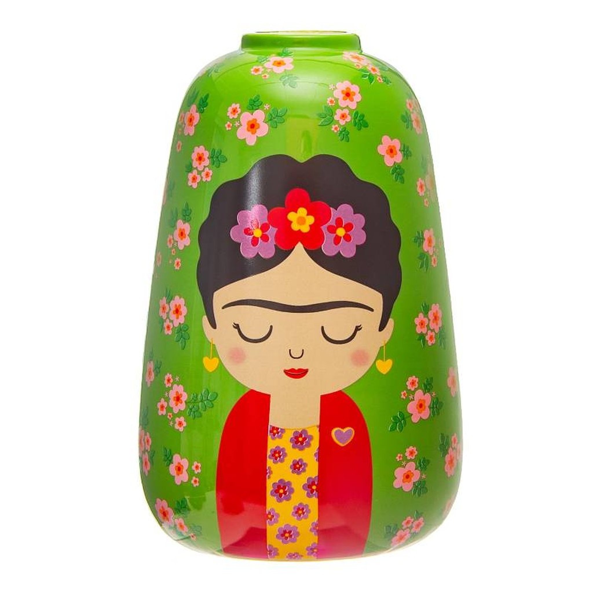 Grosse Frida Blumenvase freigestellt, grüne Keramikvase mit Frida-Gesicht und Blumen