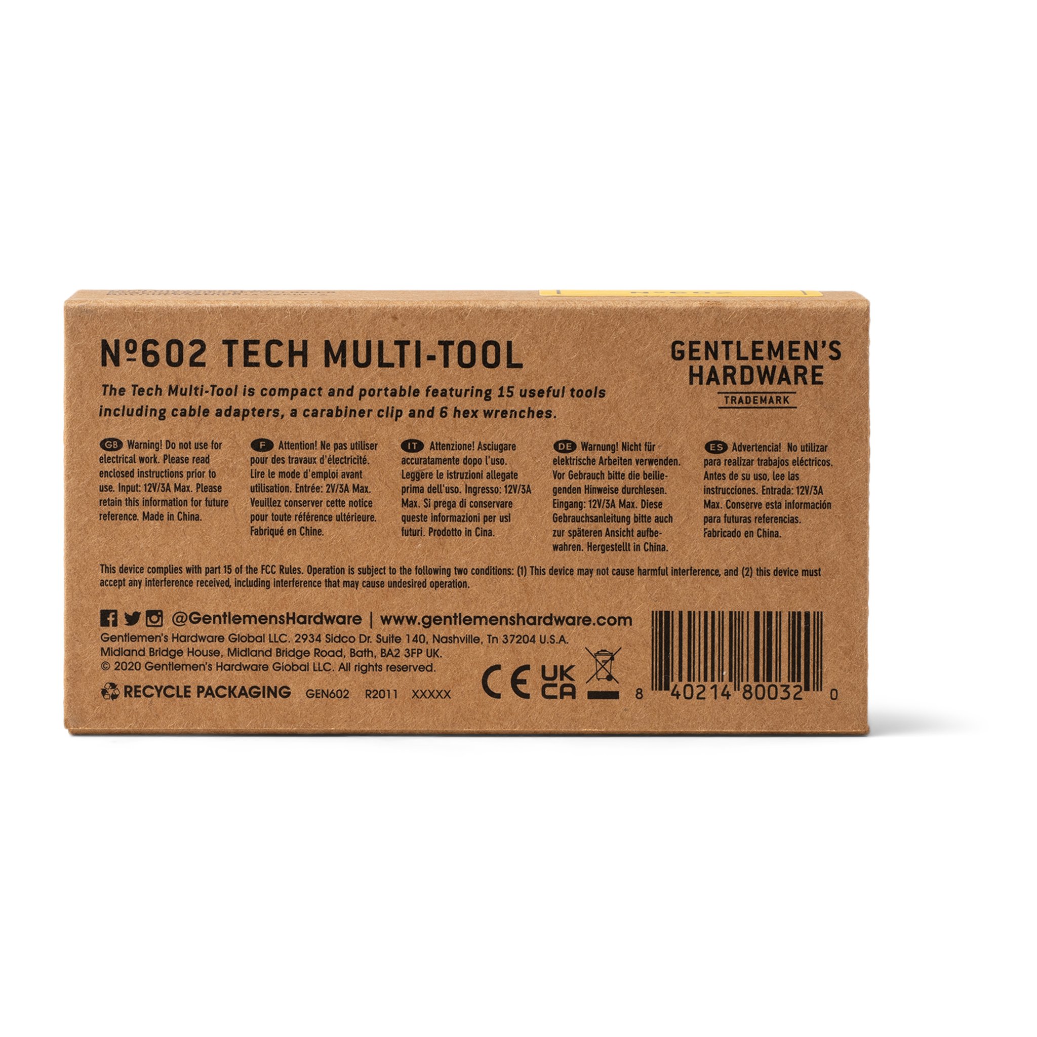 Dos de la boîte en carton du Multi-Outil Technique avec texte produit, avertissements multilingues et code-barres