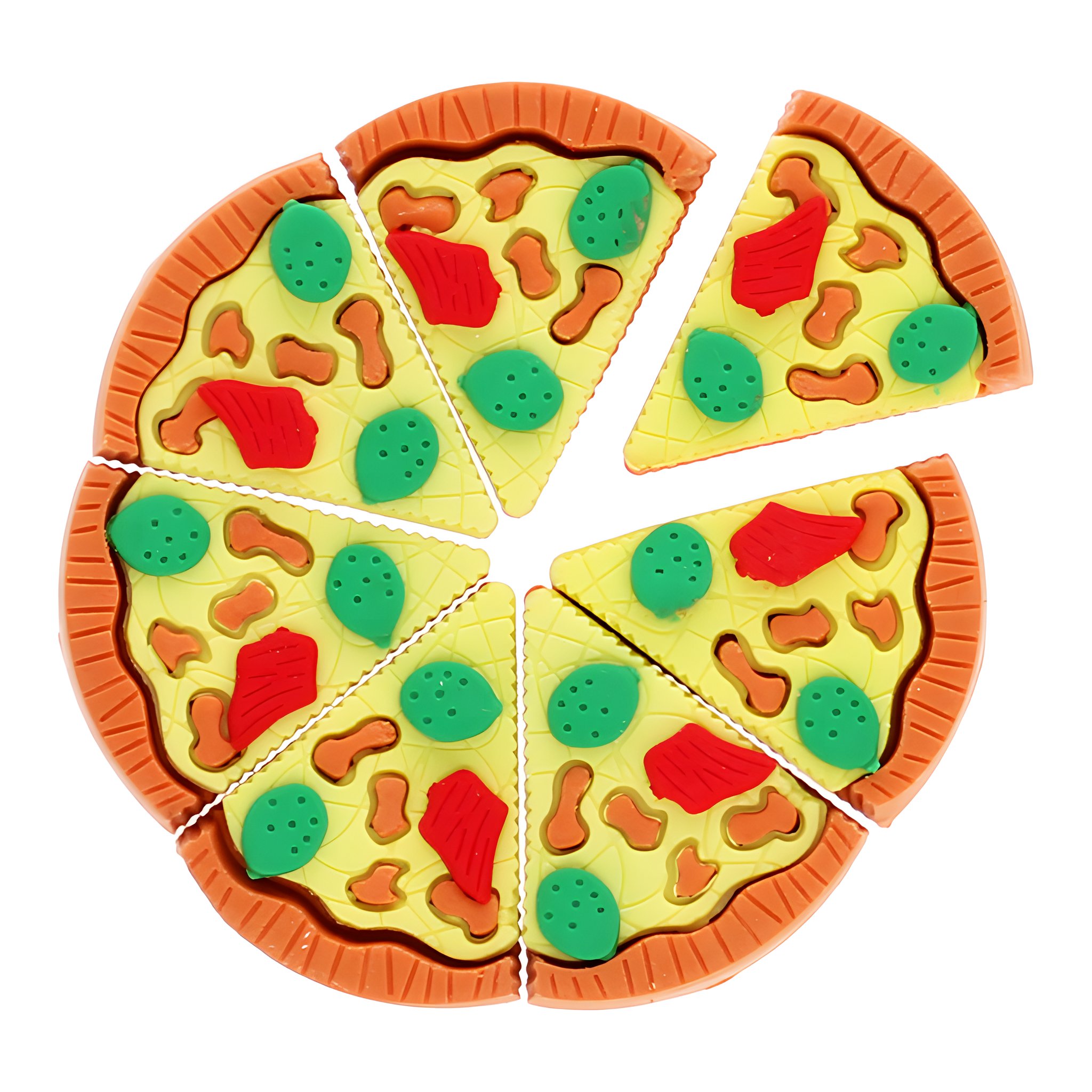 Sieben Radiergummi-Pizzastücke mit Tomate, Käse und grünen Belägen