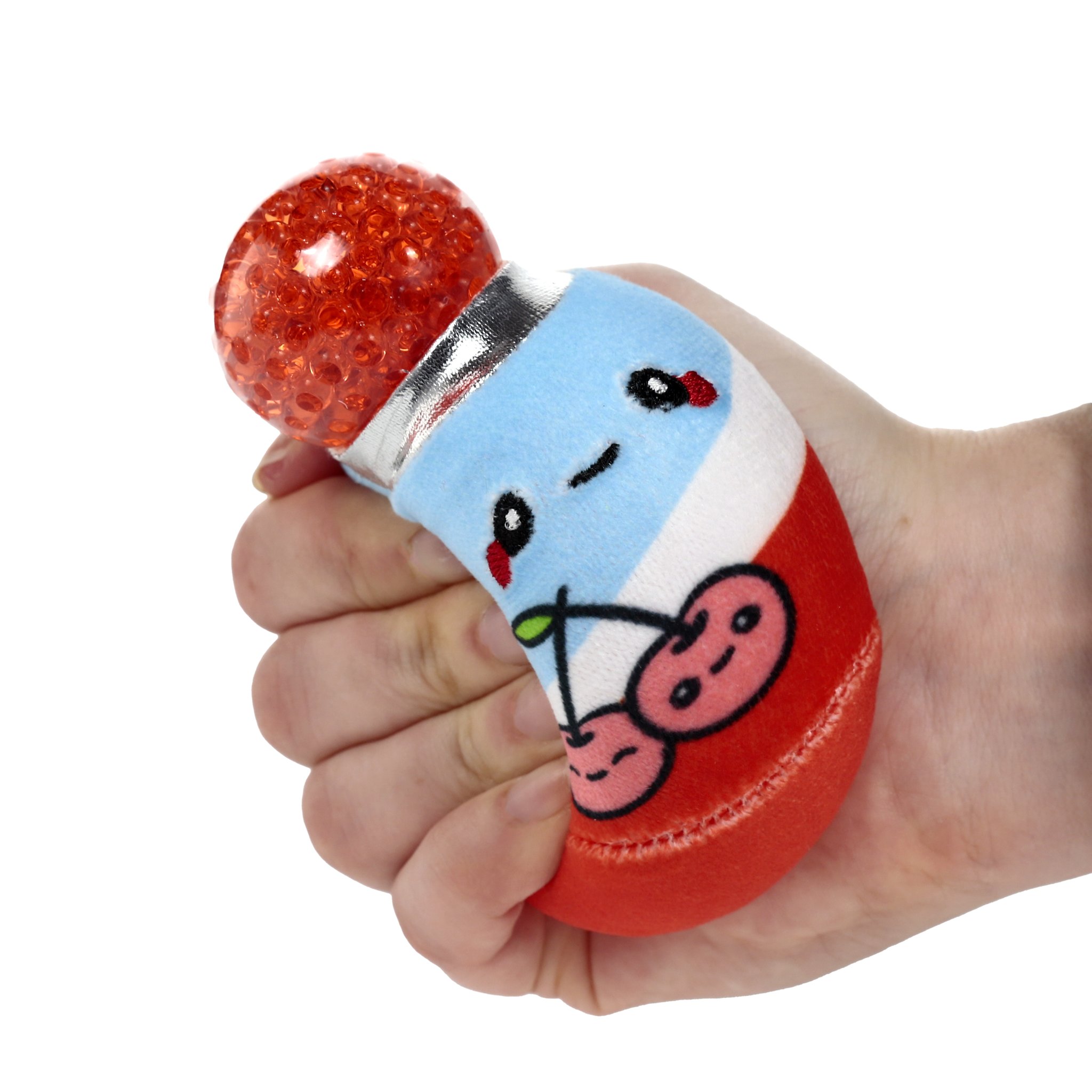 Kirschgetraenk-Plueschstressball in der Hand, Gelkugel tritt hervor
