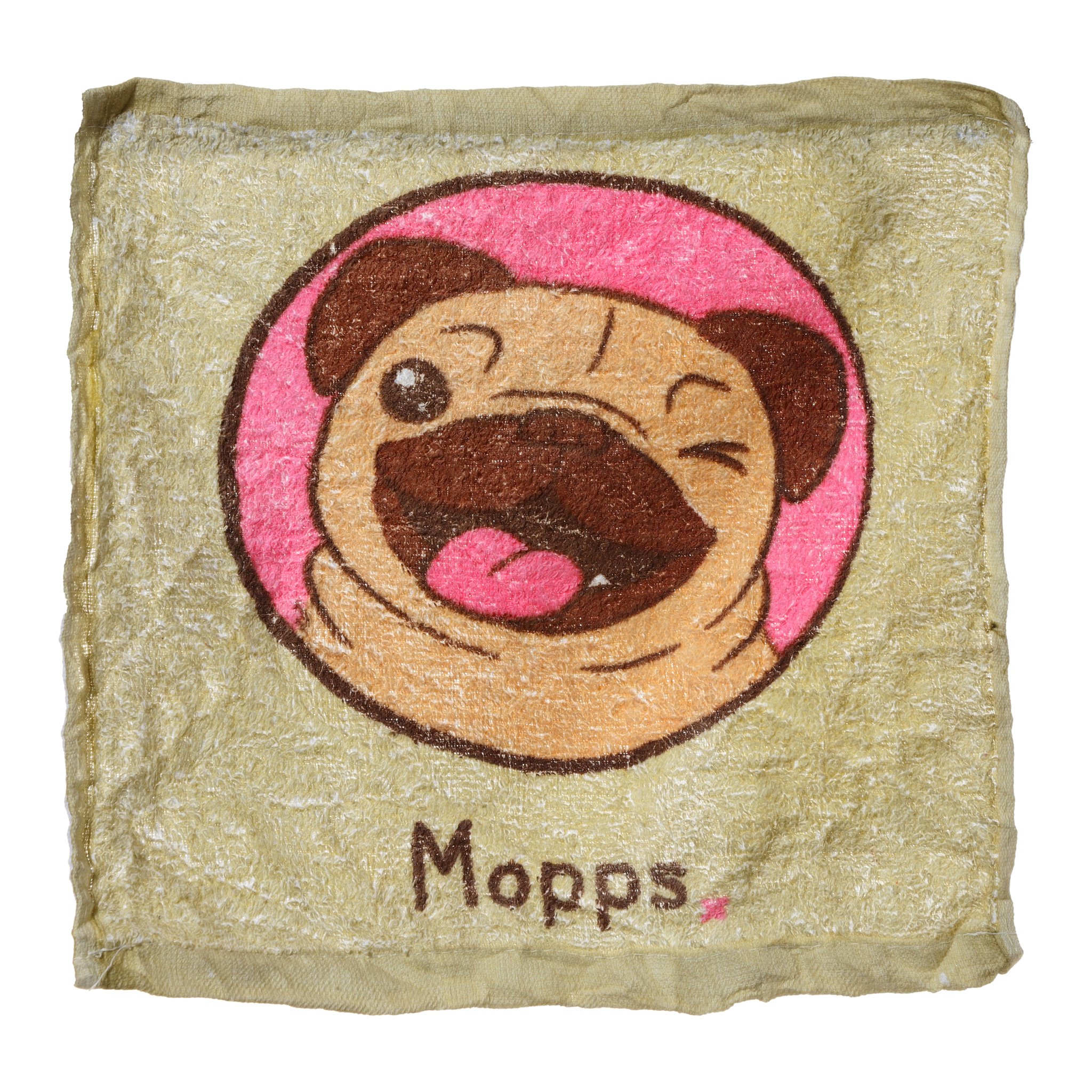 Entfaltetes Handtuch mit «Mopps»-Motiv