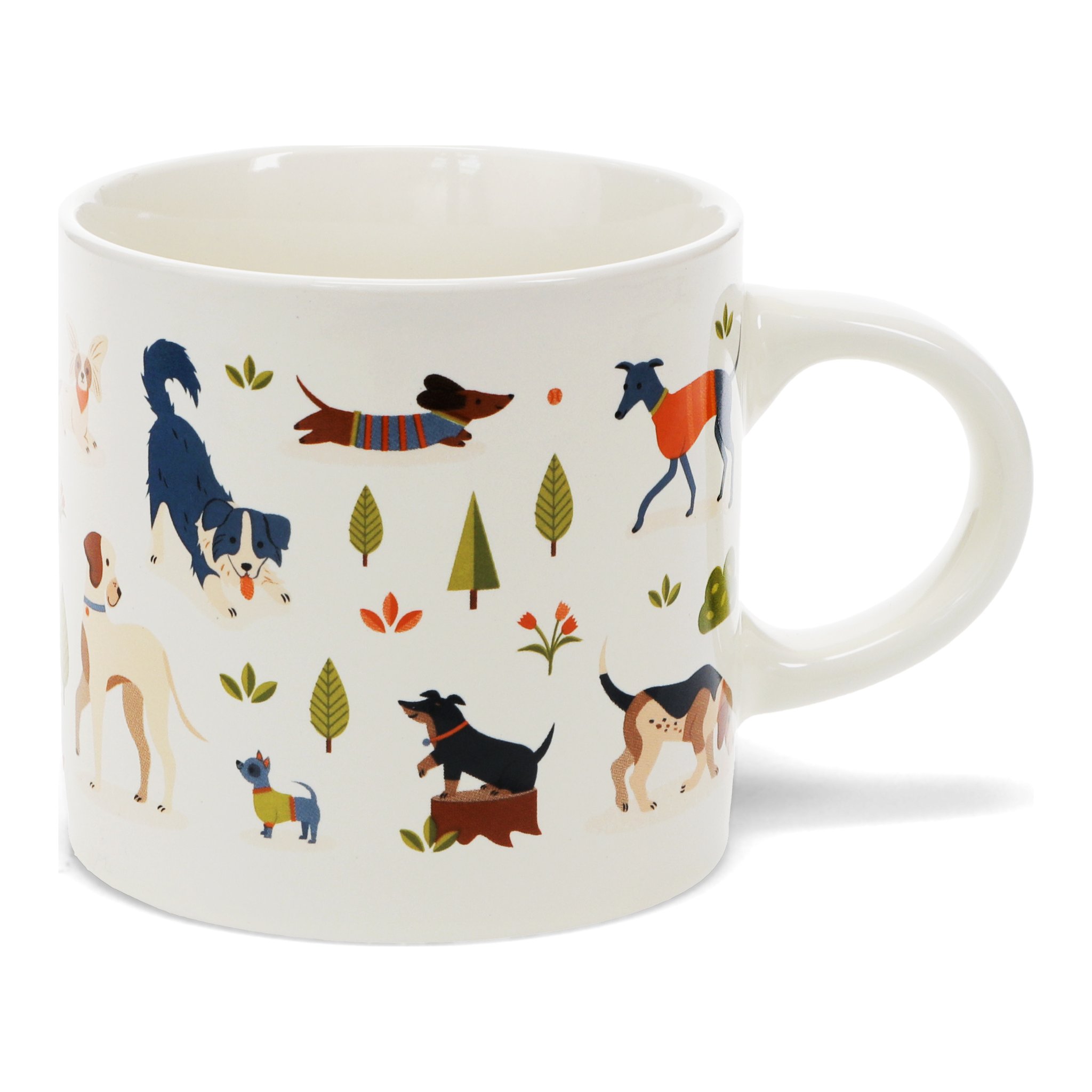Die Hundepark Kaffeetasse freigestellt mit Dackel, Windhund und Terriern zwischen Bäumen