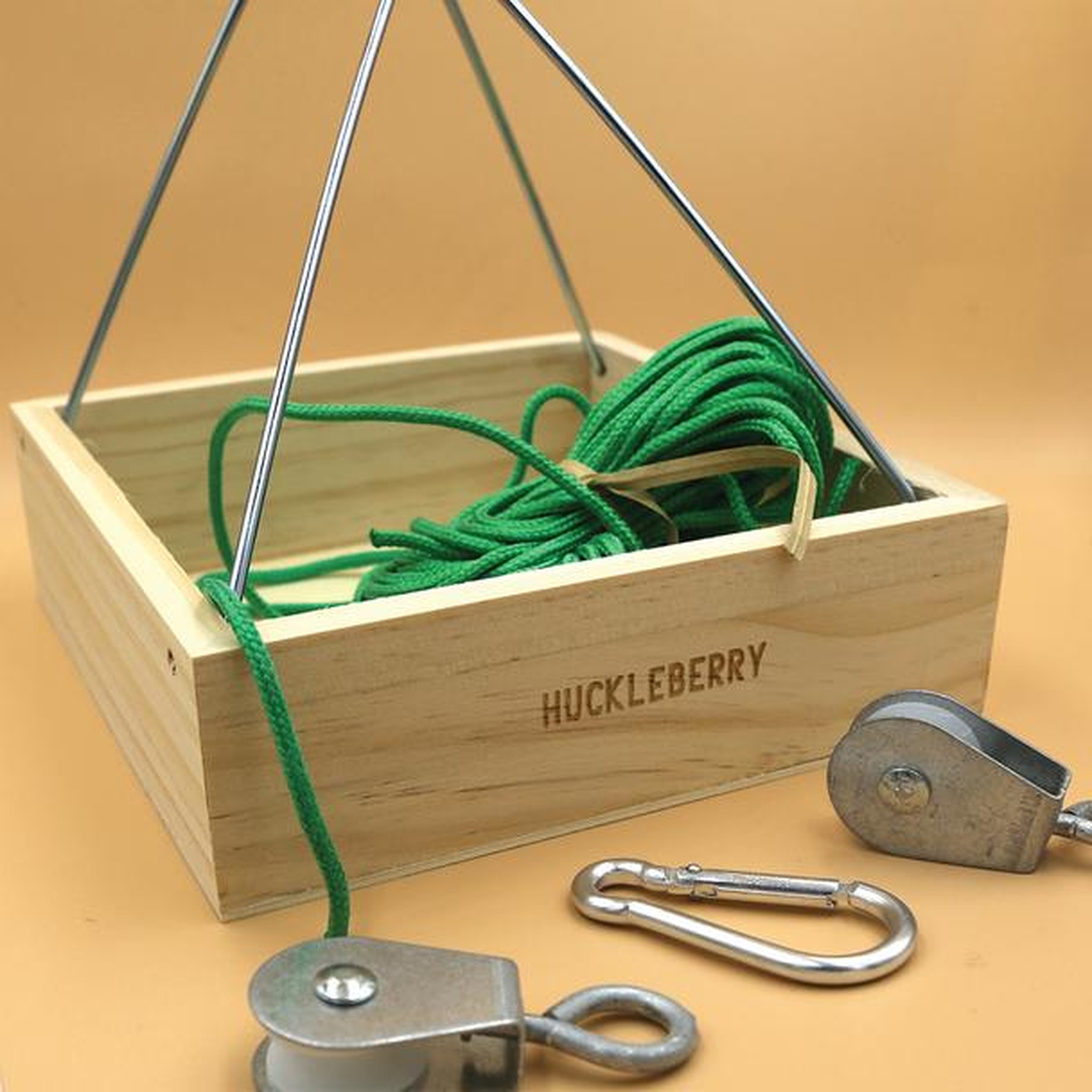Huckleberry Cable Transport Kit — wooden gondola with green rope, metal pulleys and carabiner