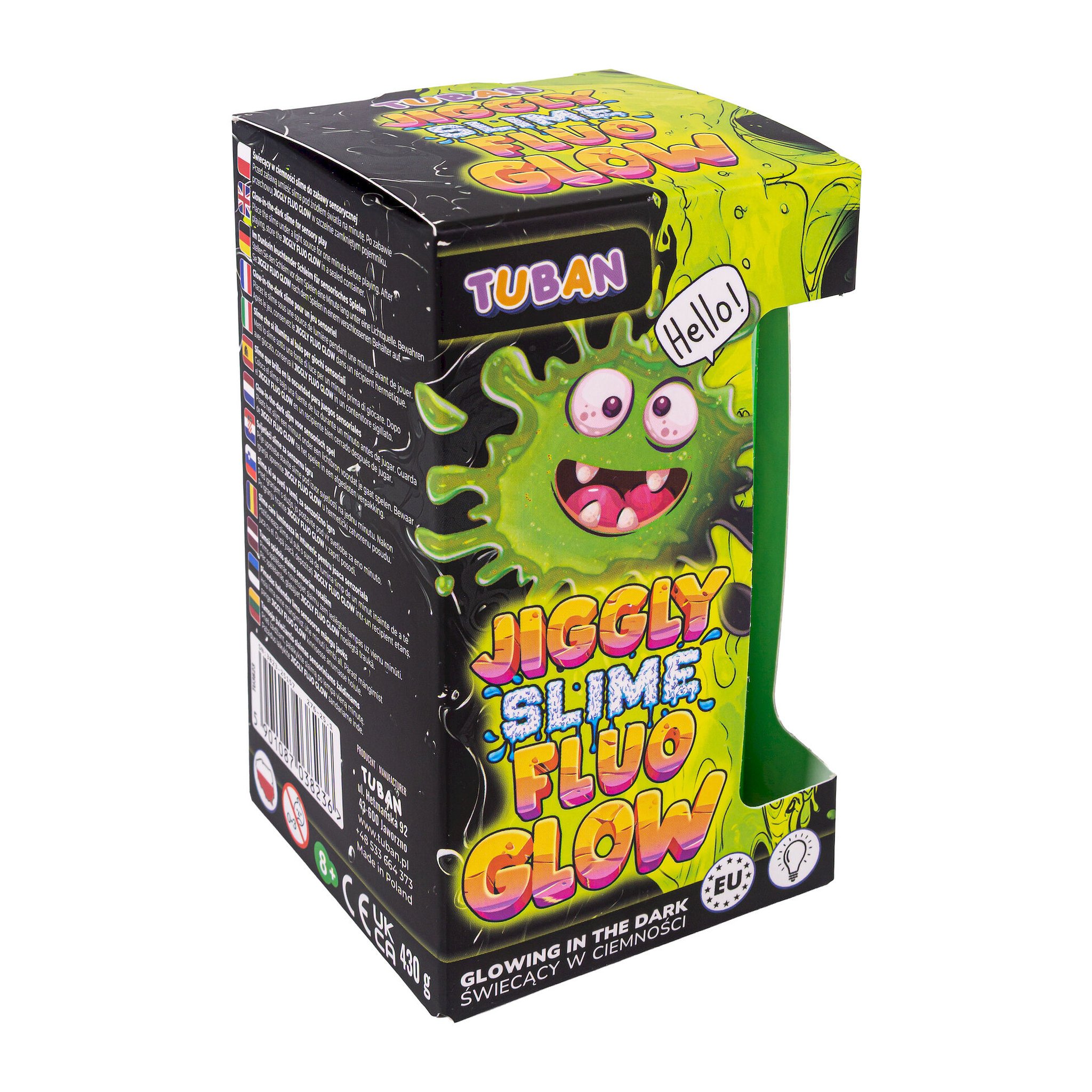 Jiggly Slime verde fosforescente, confezione vista da destra con la massa verde visibile