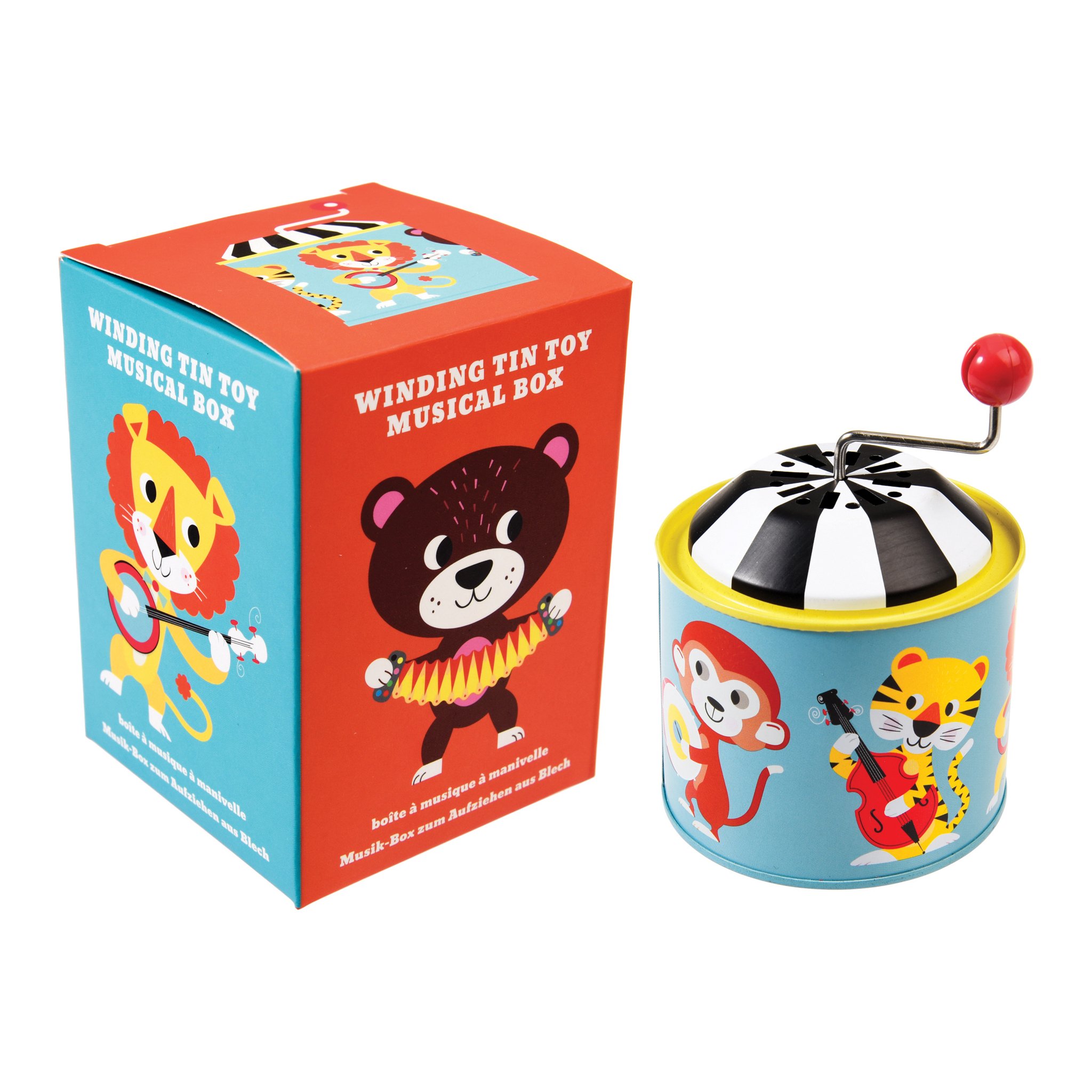 Animal Park Spieluhr vor der roten Verpackung «Winding Tin Toy Musical Box»