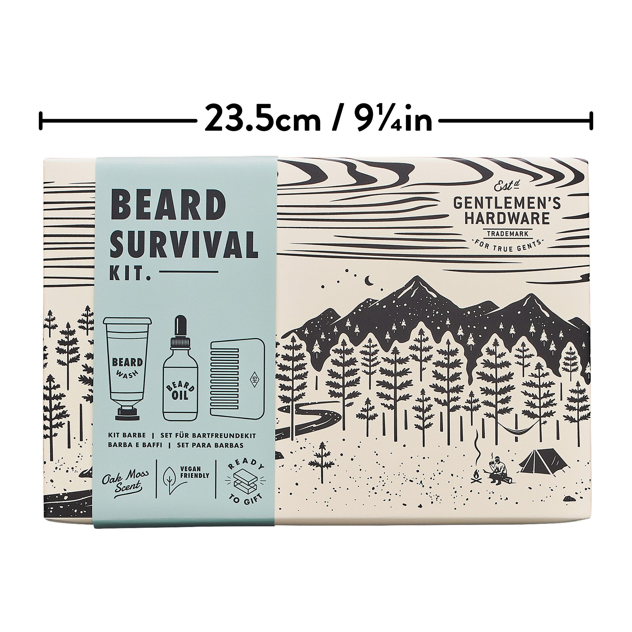 Beard Survival Kit: Vorderseite der Schachtel mit mintgrünem Band, Waldmotiv, Berglandschaft und Zelt am Lagerfeuer