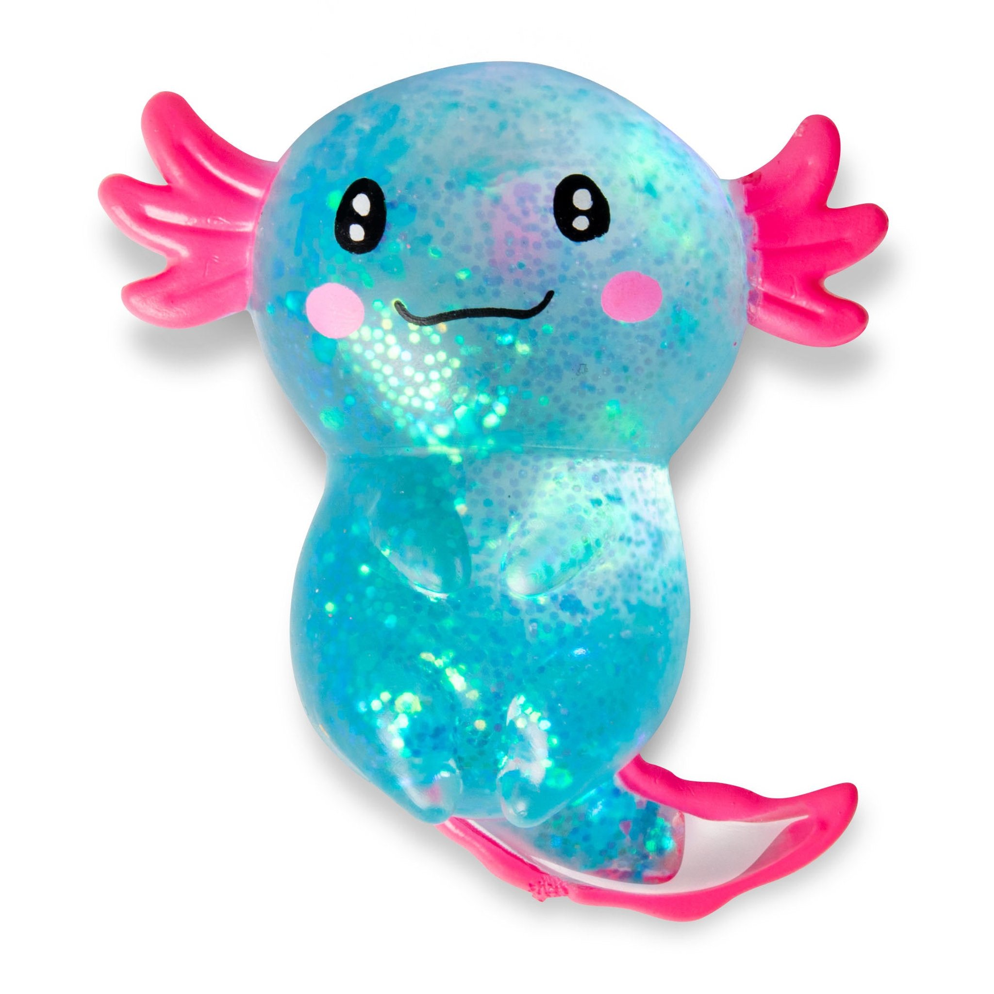 Türkiser Axolotl-Squishy mit Glitzerfüllung und pinker Schwanzflosse