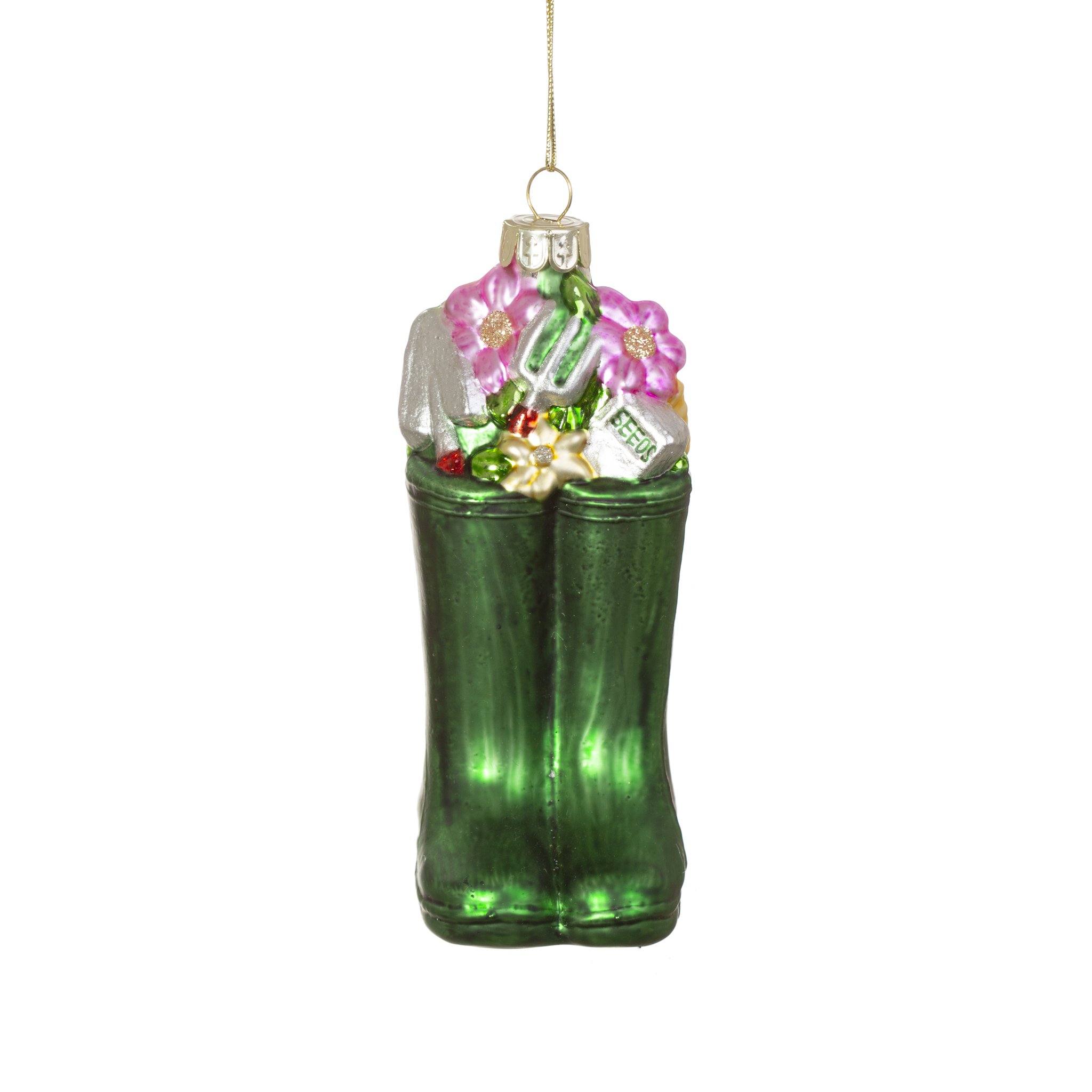 Sass & Belle Gummistiefel-Weihnachtsbaumschmuck – Frontansicht des grünen Glasanhängers mit Garten-Motiv