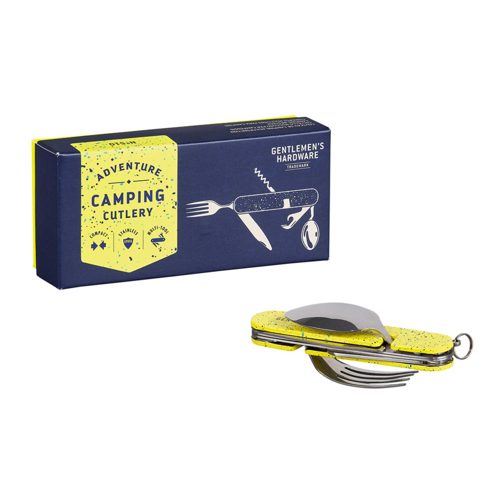 Camping-Besteck-Tool in Gelb mit Löffel und Gabel ausgeklappt, davor die blaue Verpackungsschachtel